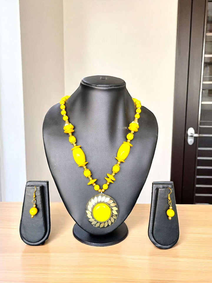 Tribal Radiance: Handmade Clay & Stone Pendant Necklace Set - 7 Colours Available
