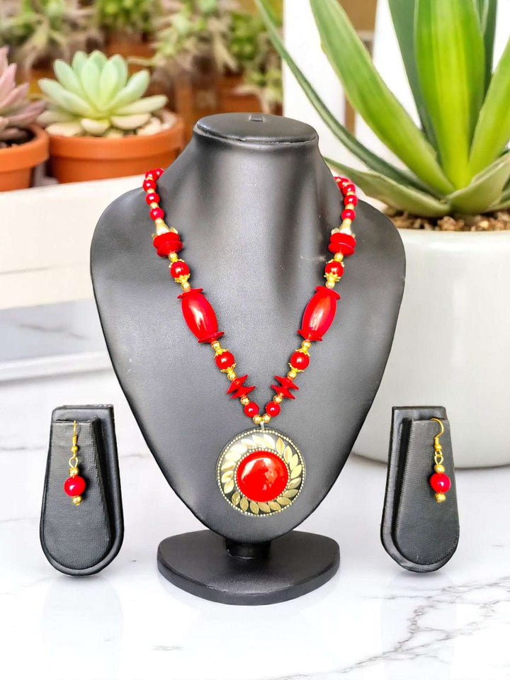 Tribal Radiance: Handmade Clay & Stone Pendant Necklace Set - 7 Colours Available