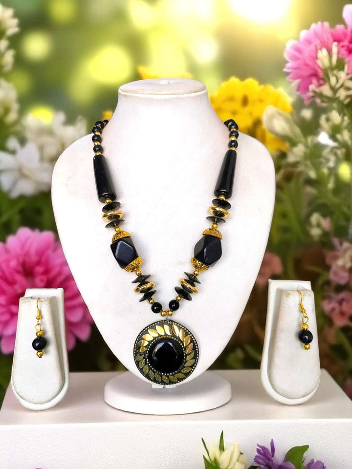 Tribal Radiance: Handmade Clay & Stone Pendant Necklace Set - 7 Colours Available