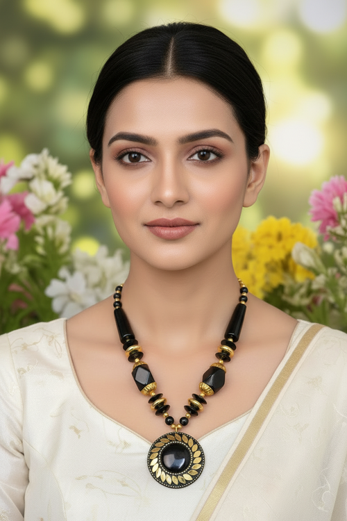 Tribal Radiance: Handmade Clay & Stone Pendant Necklace Set - 7 Colours Available