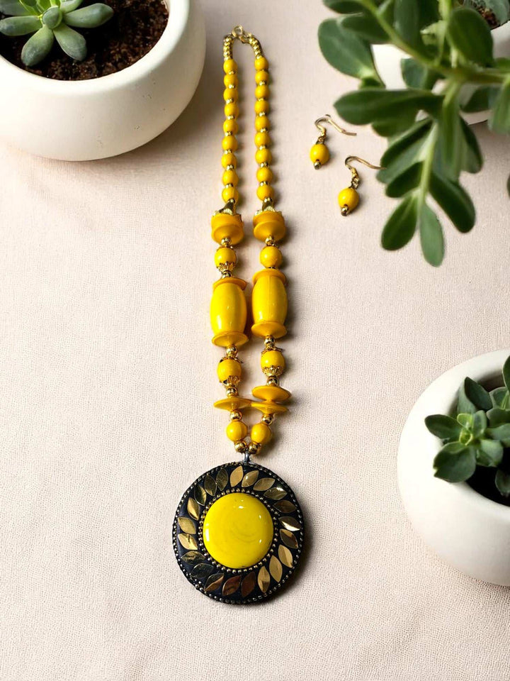 Tribal Radiance: Handmade Clay & Stone Pendant Necklace Set - 7 Colours Available