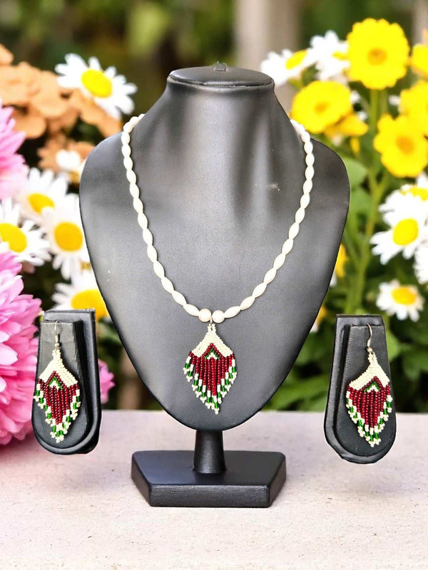 Desi Diva Drop Set – Red & Green Handmade Rice Pearl Statement Necklace