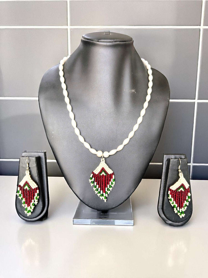 Desi Diva Drop Set – Red & Green Handmade Rice Pearl Statement Necklace
