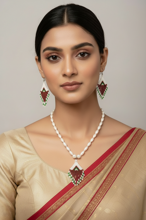Desi Diva Drop Set – Red & Green Handmade Rice Pearl Statement Necklace