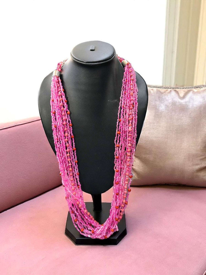 Blush Bloom– Baby Pink Statement Beaded Necklace | Glass + Crystal Layers | Handmade by INHANSS
