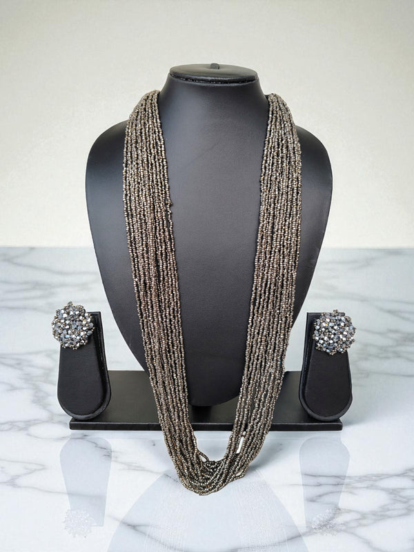 Silver Gleam: 20-Layer Long Beaded Necklace with Earrings -Handmade in 3 Days