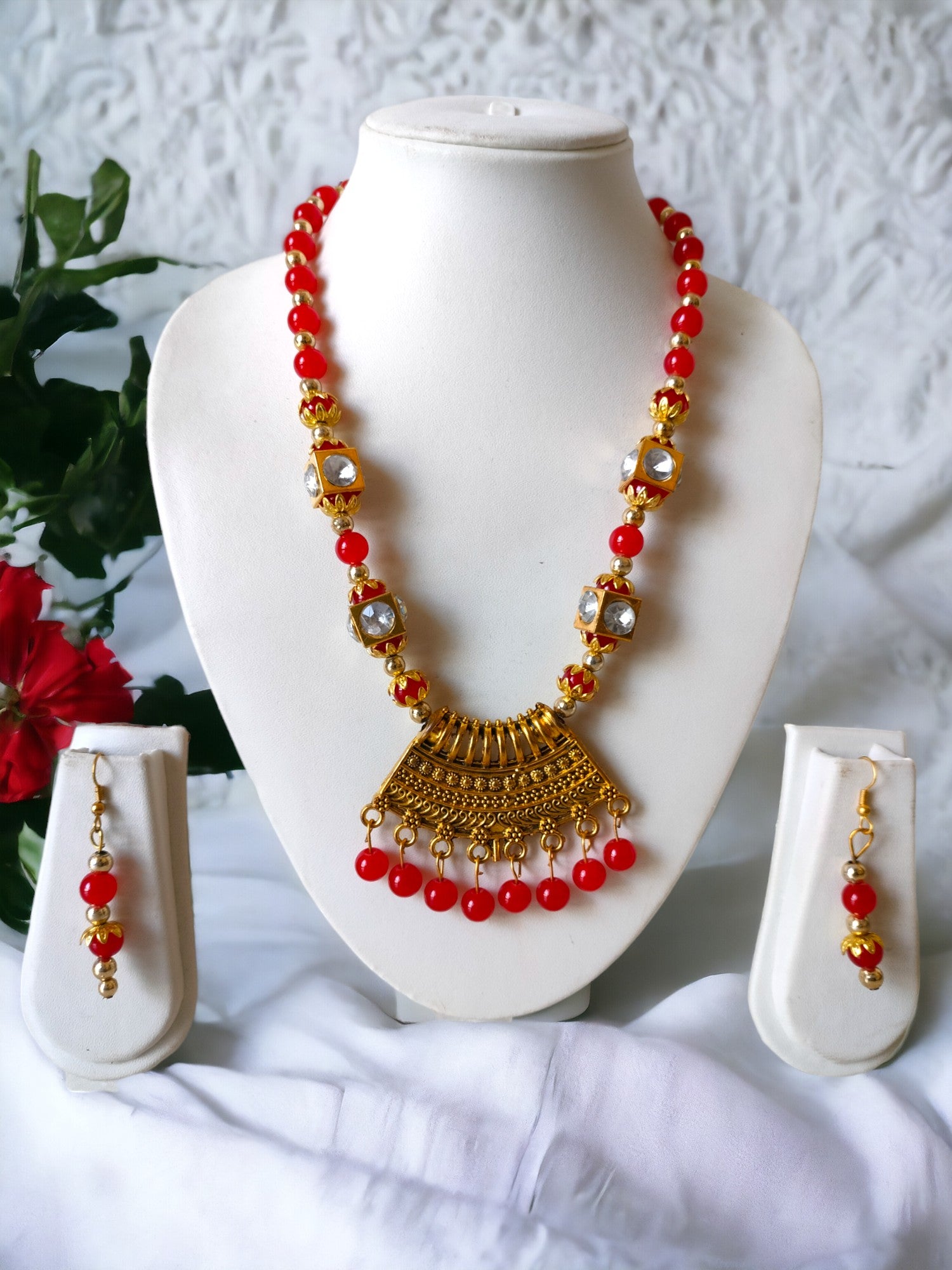 Crimson Regalia Handmade Necklace and Earring  Set