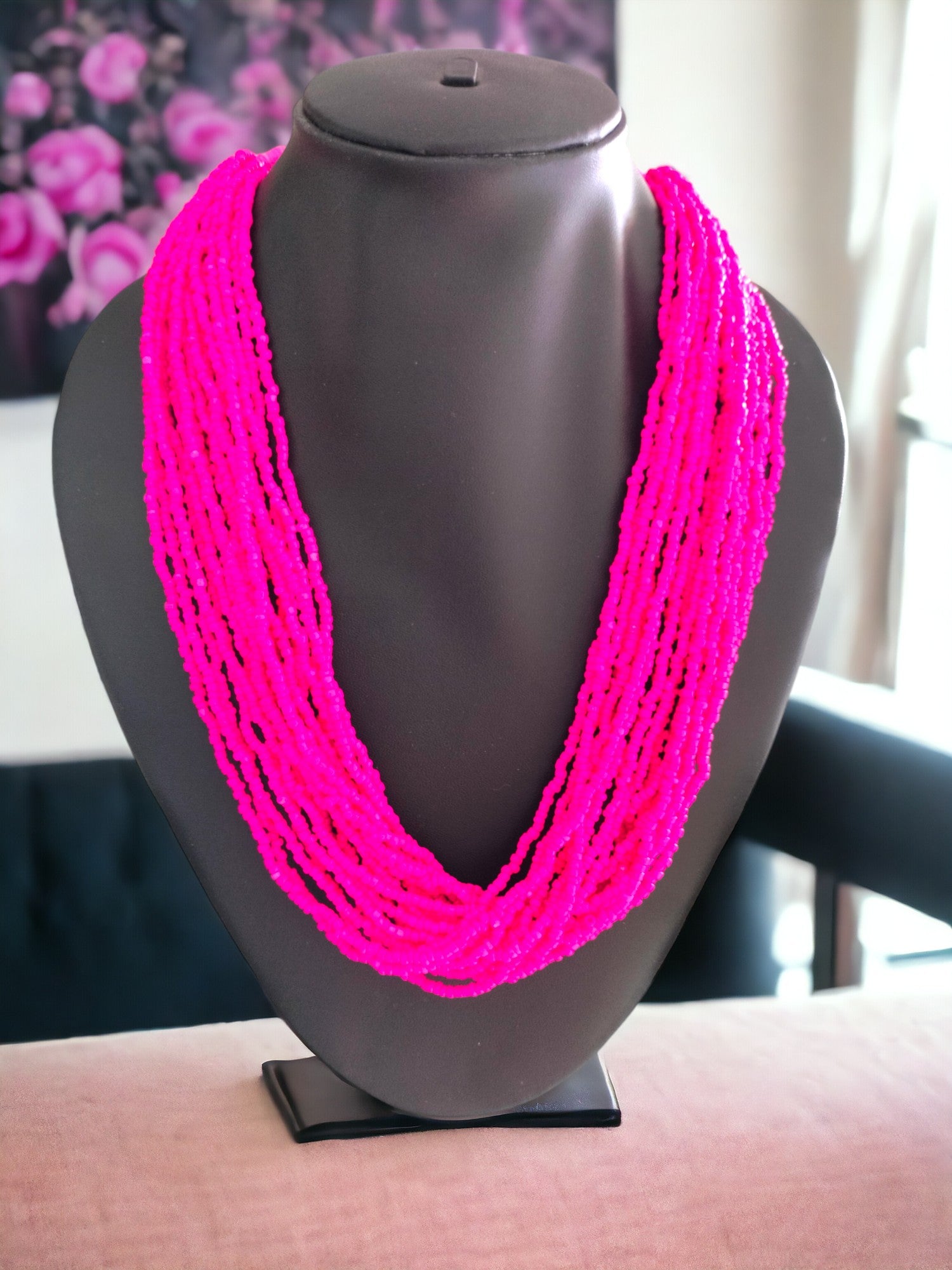 Fuchsia Flow: Handmade Multi-Layered Beaded Necklace(20 Layers)
