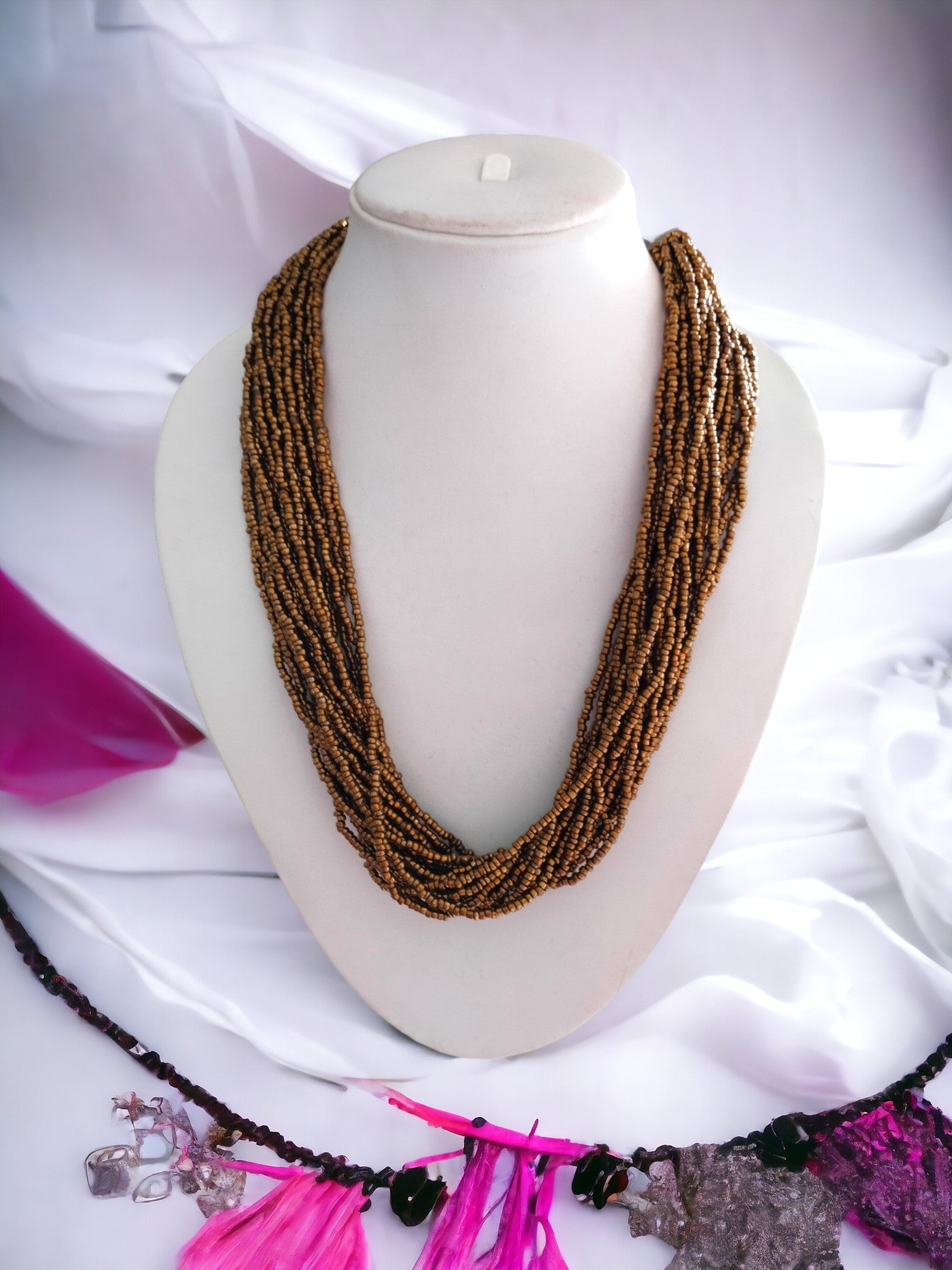 Golden Harvest: Handmade Multi-Layered Beaded Necklace & Earrings (20 Layers)