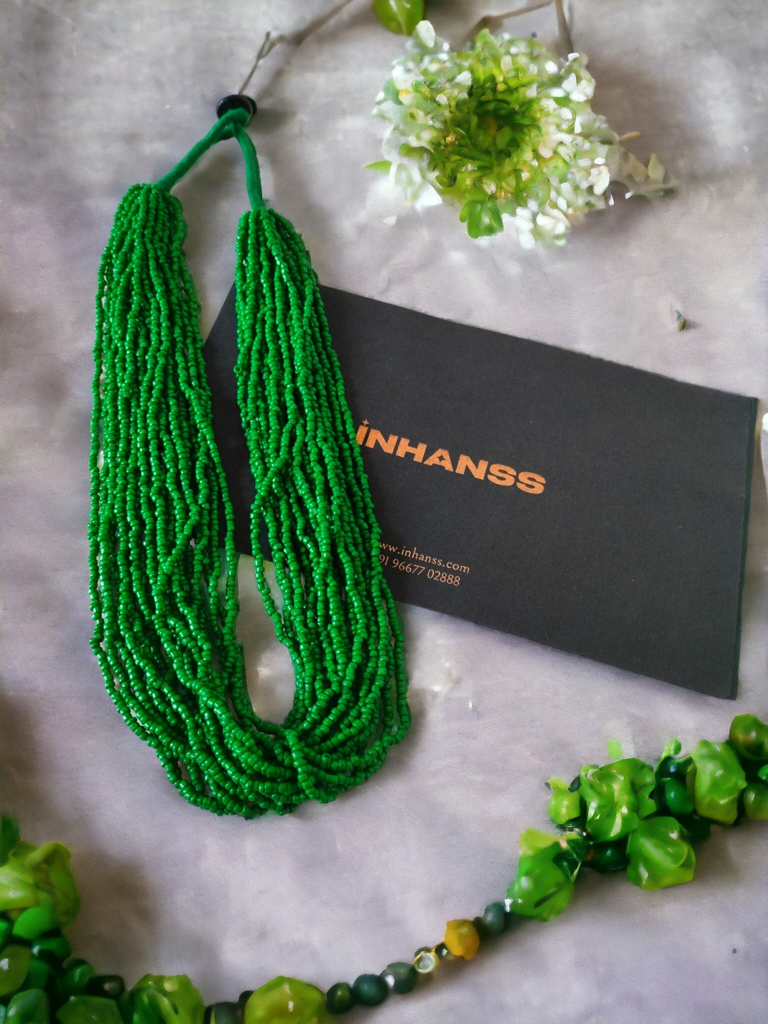 Emerald Cascade Multi-Layered Handmade Necklace With Matching Earrings-20 Layers