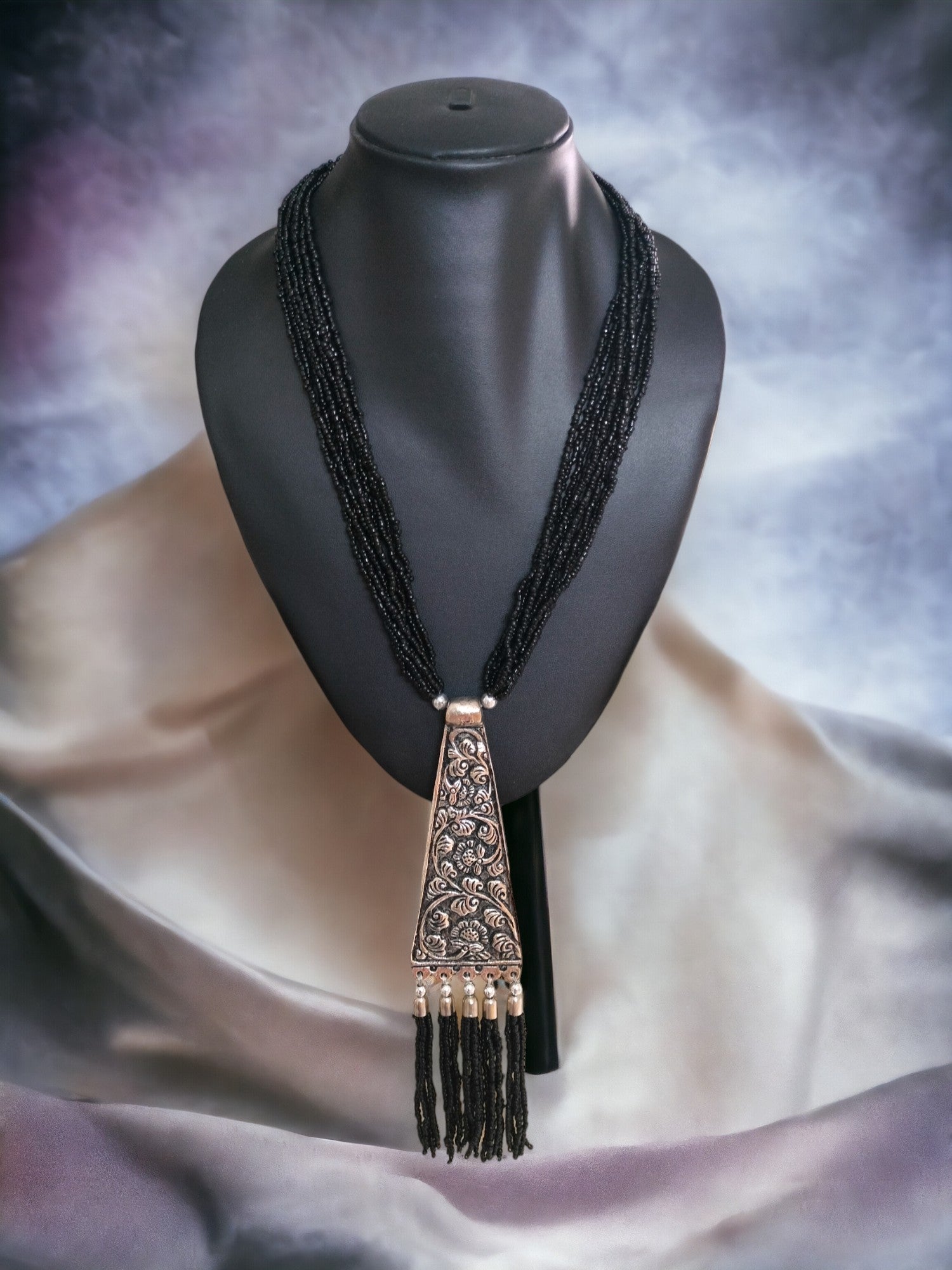 Handmade Tie Shaped Oxidized Black Metal Multi-Layered Long Necklace Set - 5 Colours Available