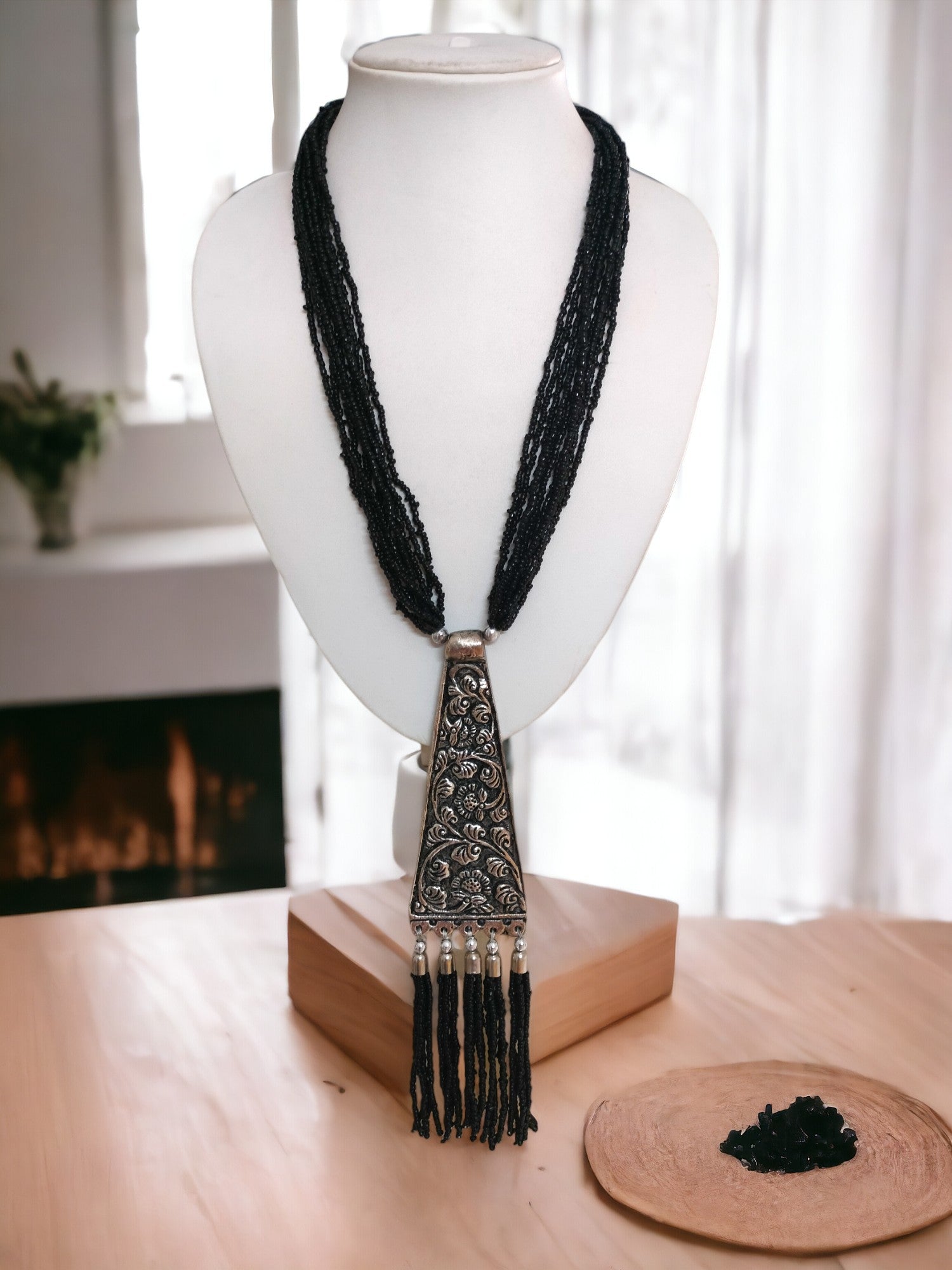 Handmade Tie Shaped Oxidized Black Metal Multi-Layered Long Necklace Set - 5 Colours Available