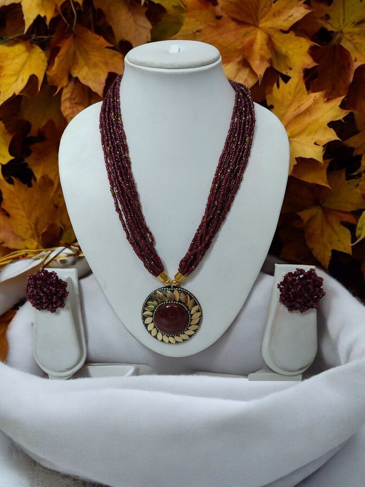 Handmade Multilayered Pendant Beaded Necklace Set With Matching Earrings - 12 Colours Available