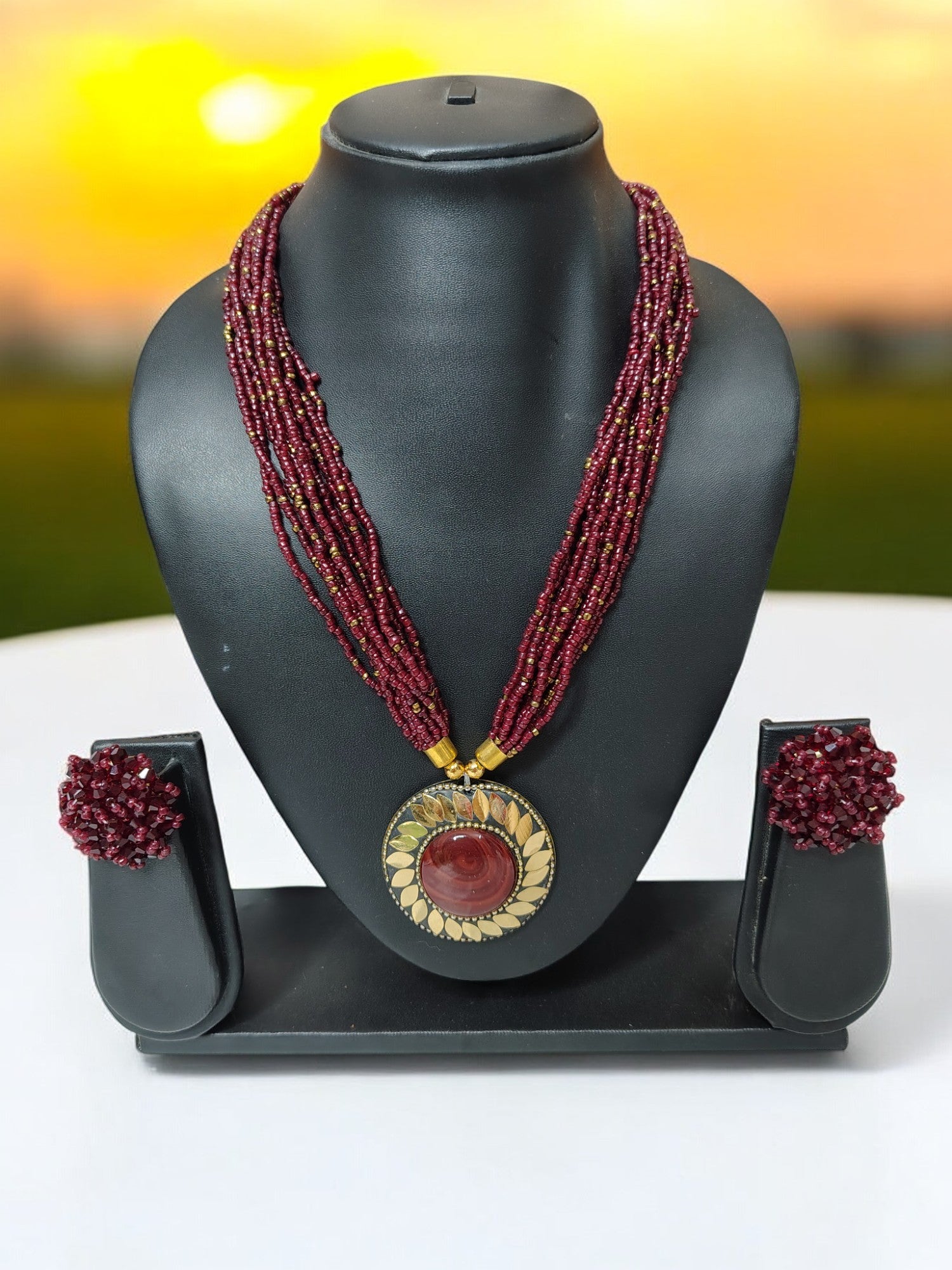 Handmade Multilayered Pendant Beaded Necklace Set With Matching Earrings - 12 Colours Available