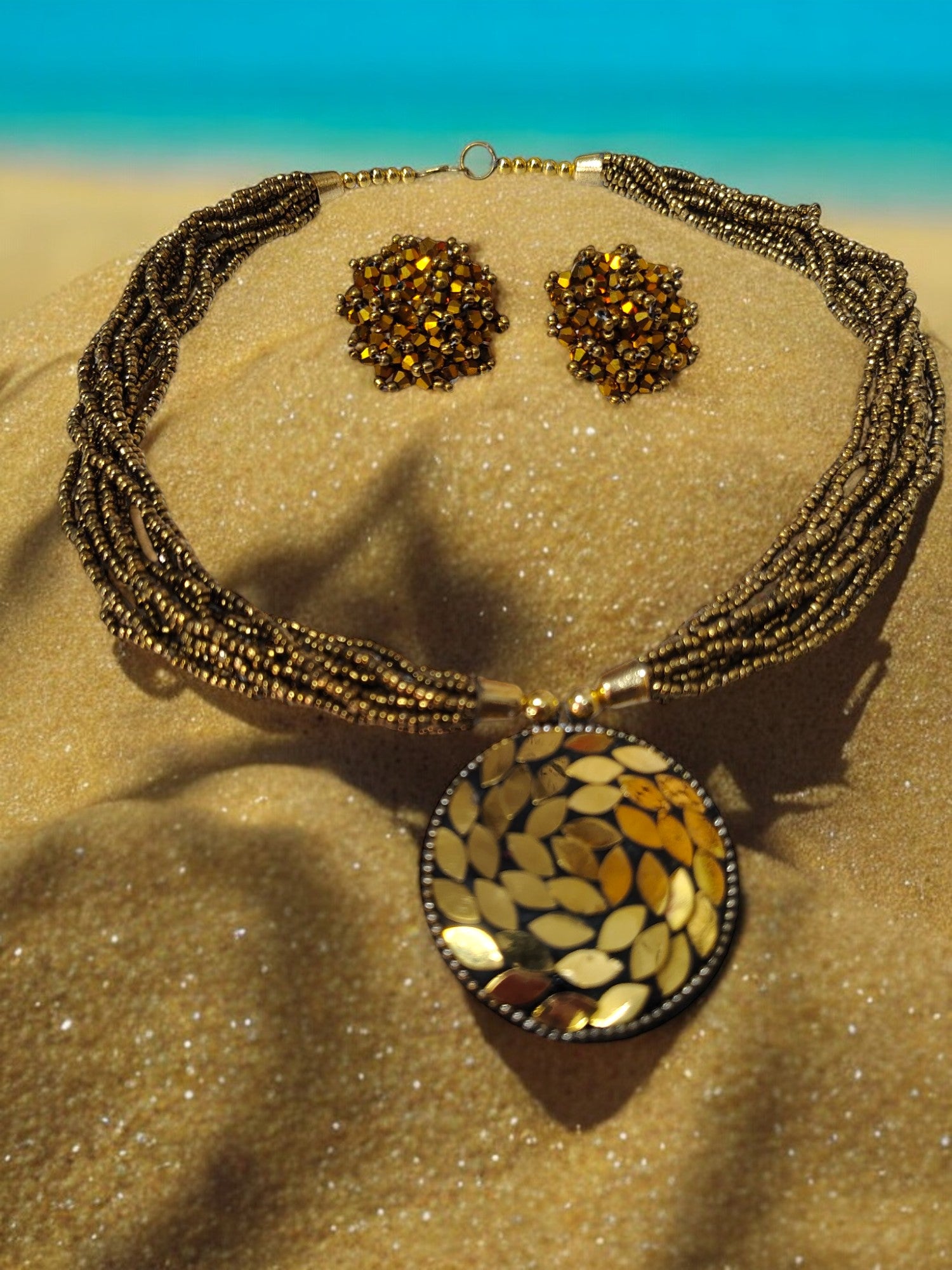Handmade Multilayered Pendant Beaded Necklace Set With Matching Earrings - 12 Colours Available