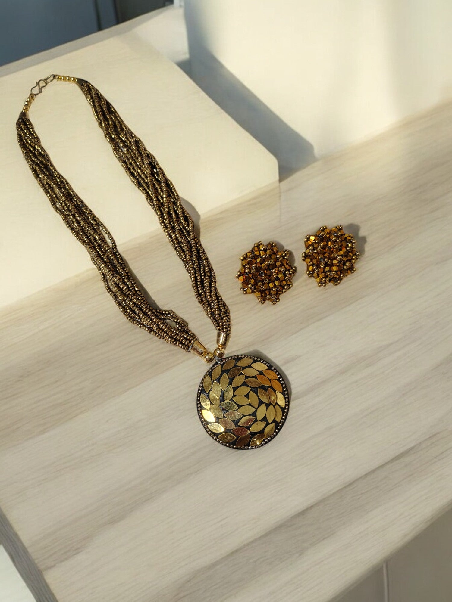 Handmade Multilayered Pendant Beaded Necklace Set With Matching Earrings - 12 Colours Available