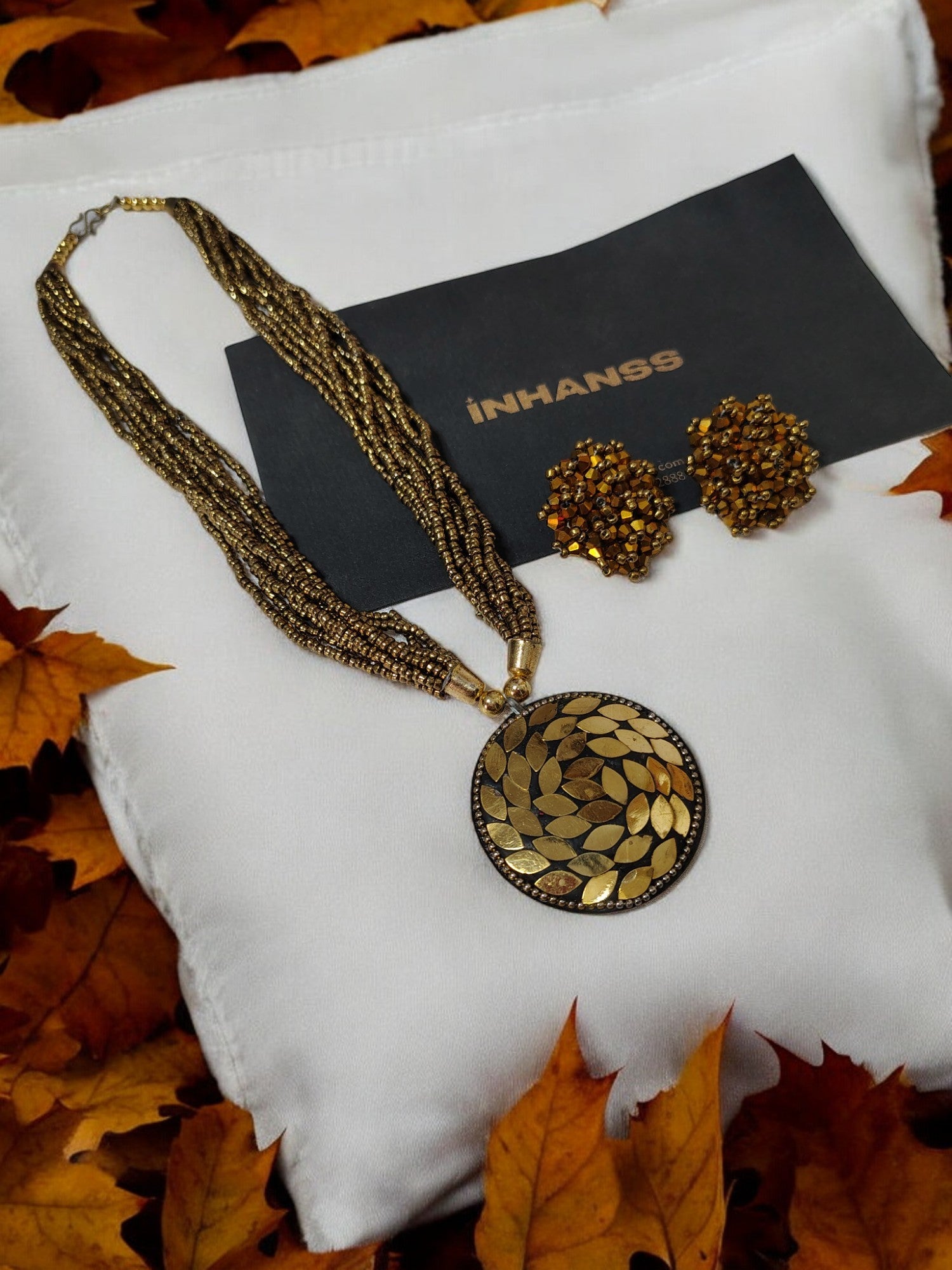 Handmade Multilayered Pendant Beaded Necklace Set With Matching Earrings - 12 Colours Available