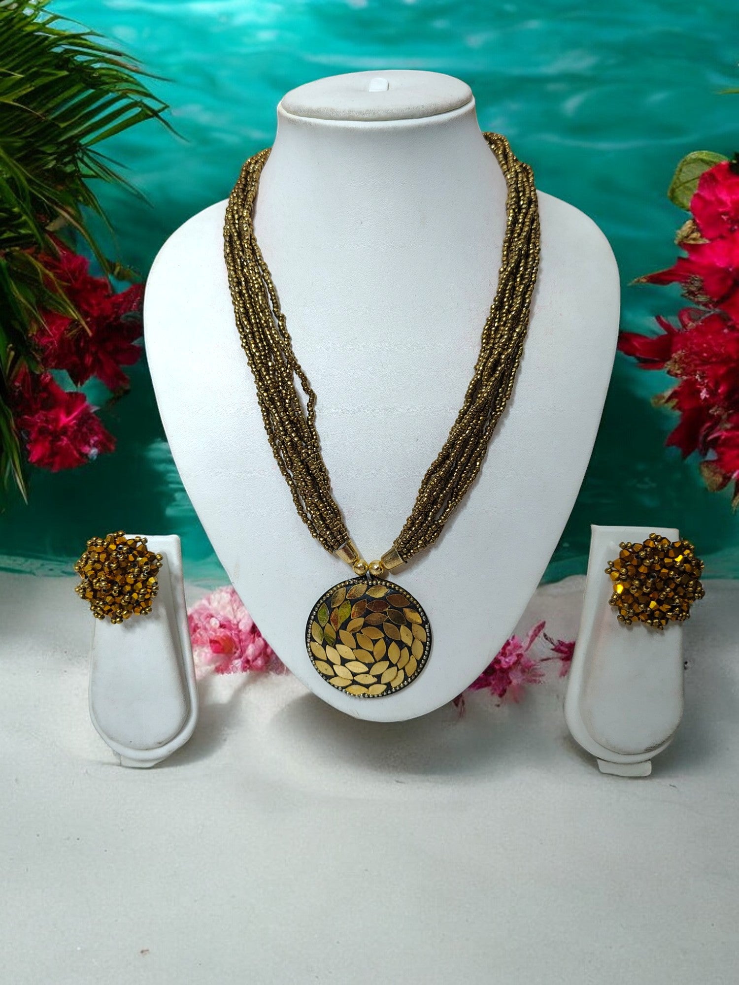 Handmade Multilayered Pendant Beaded Necklace Set With Matching Earrings - 12 Colours Available