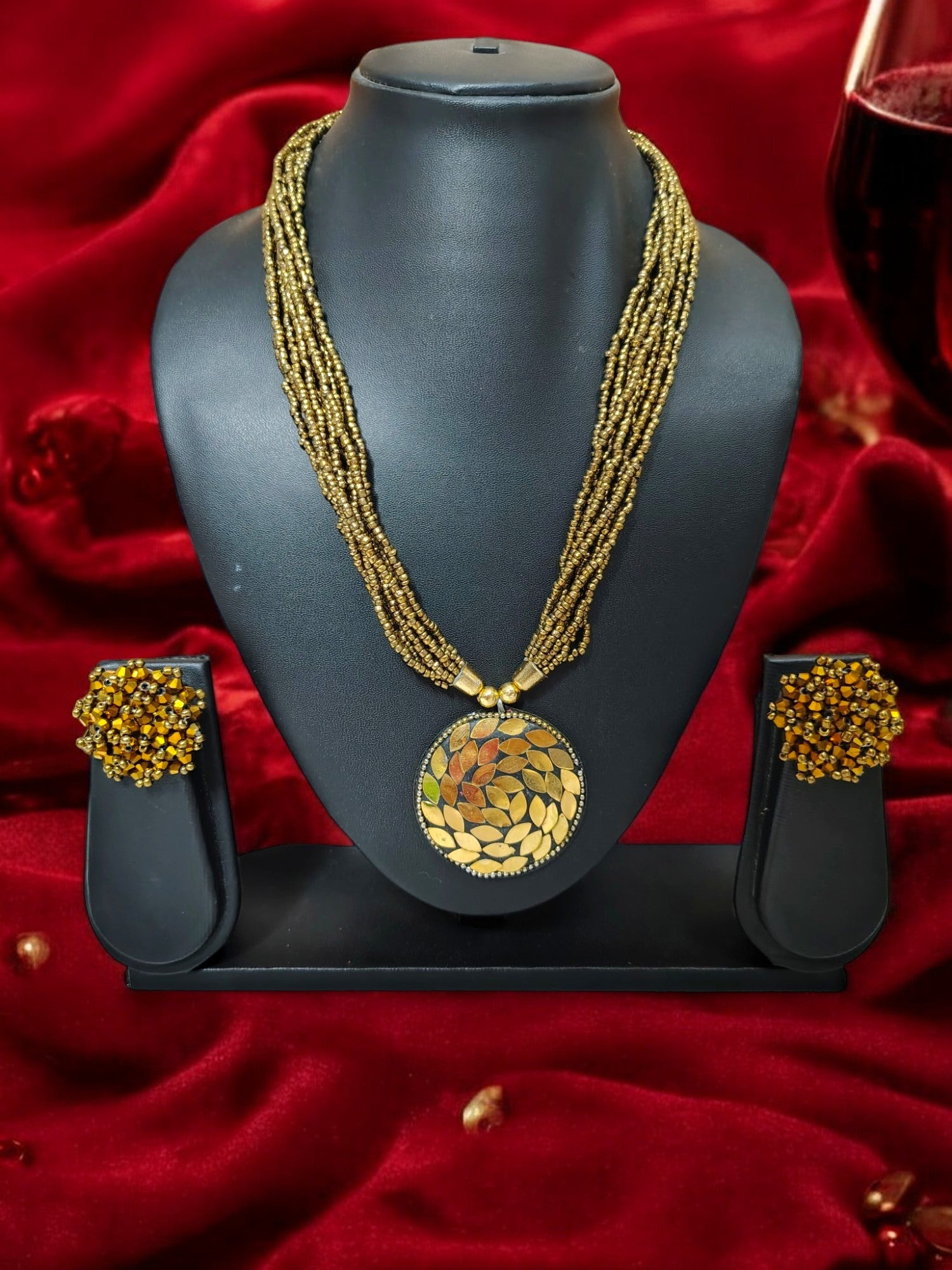 Handmade Multilayered Pendant Beaded Necklace Set With Matching Earrings - 12 Colours Available