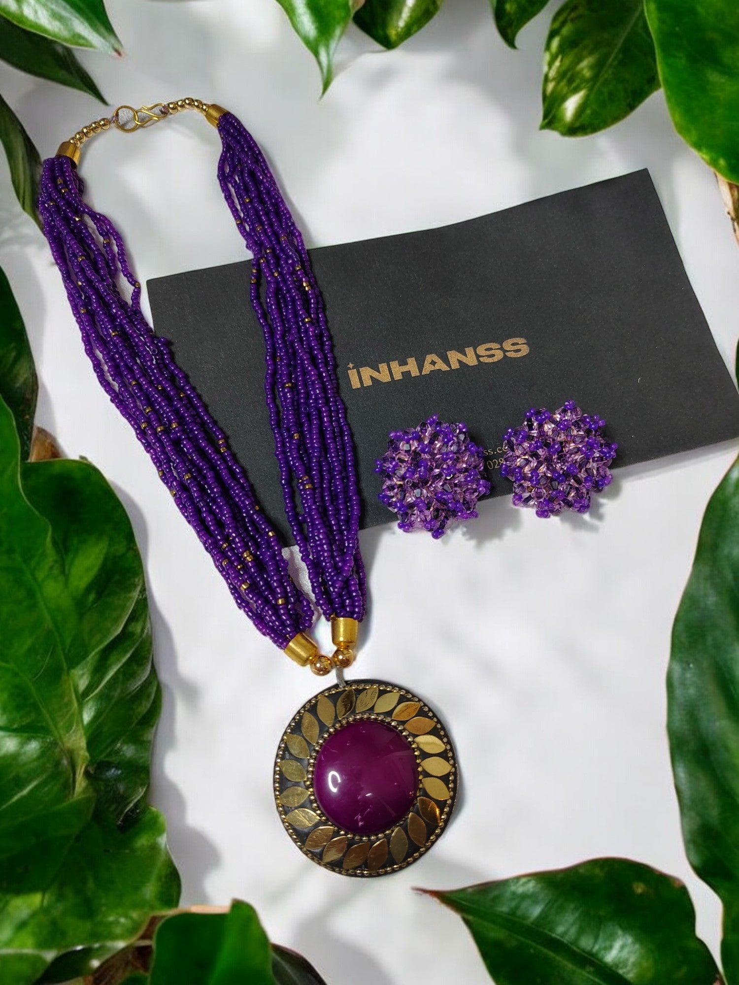 Handmade Multilayered Pendant Beaded Necklace Set With Matching Earrings - 12 Colours Available