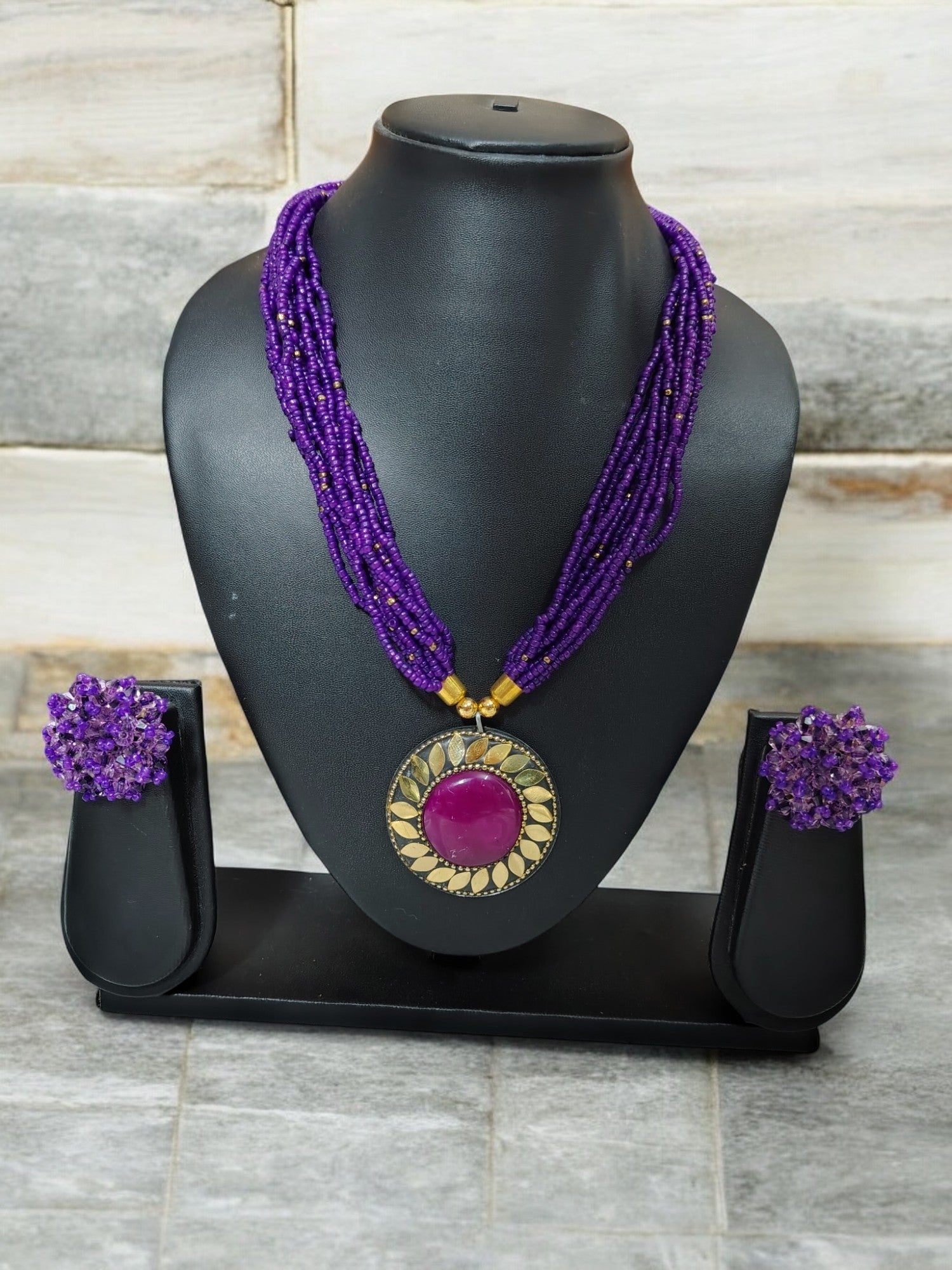 Handmade Multilayered Pendant Beaded Necklace Set With Matching Earrings - 12 Colours Available