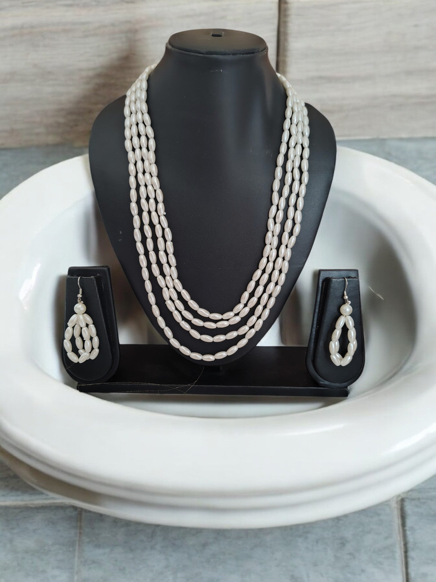 Moonlit Grace Rice Pearl Multi-Layered Necklace With Matching Earrings- Handmade (Off White)