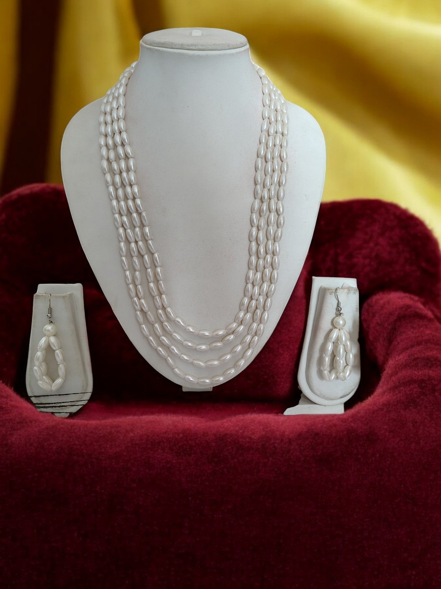 Moonlit Grace Rice Pearl Multi-Layered Necklace With Matching Earrings- Handmade (Off White)