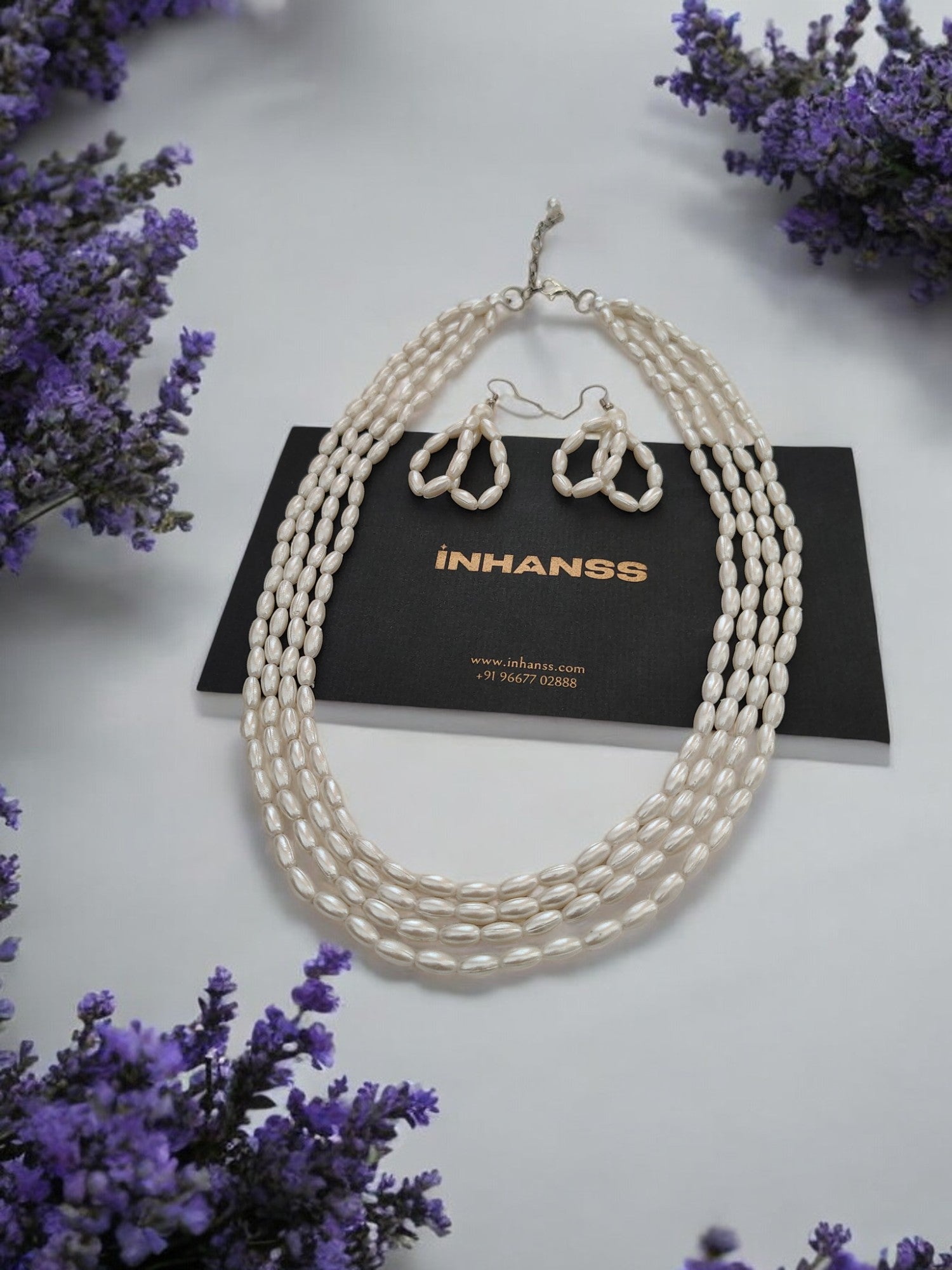 Moonlit Grace Rice Pearl Multi-Layered Necklace With Matching Earrings- Handmade (Off White)