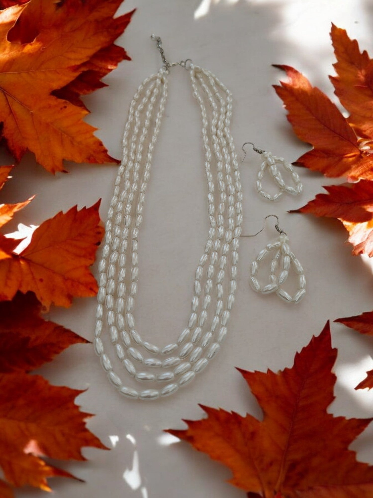 Moonlit Grace Rice Pearl Multi-Layered Necklace With Matching Earrings- Handmade (Off White)