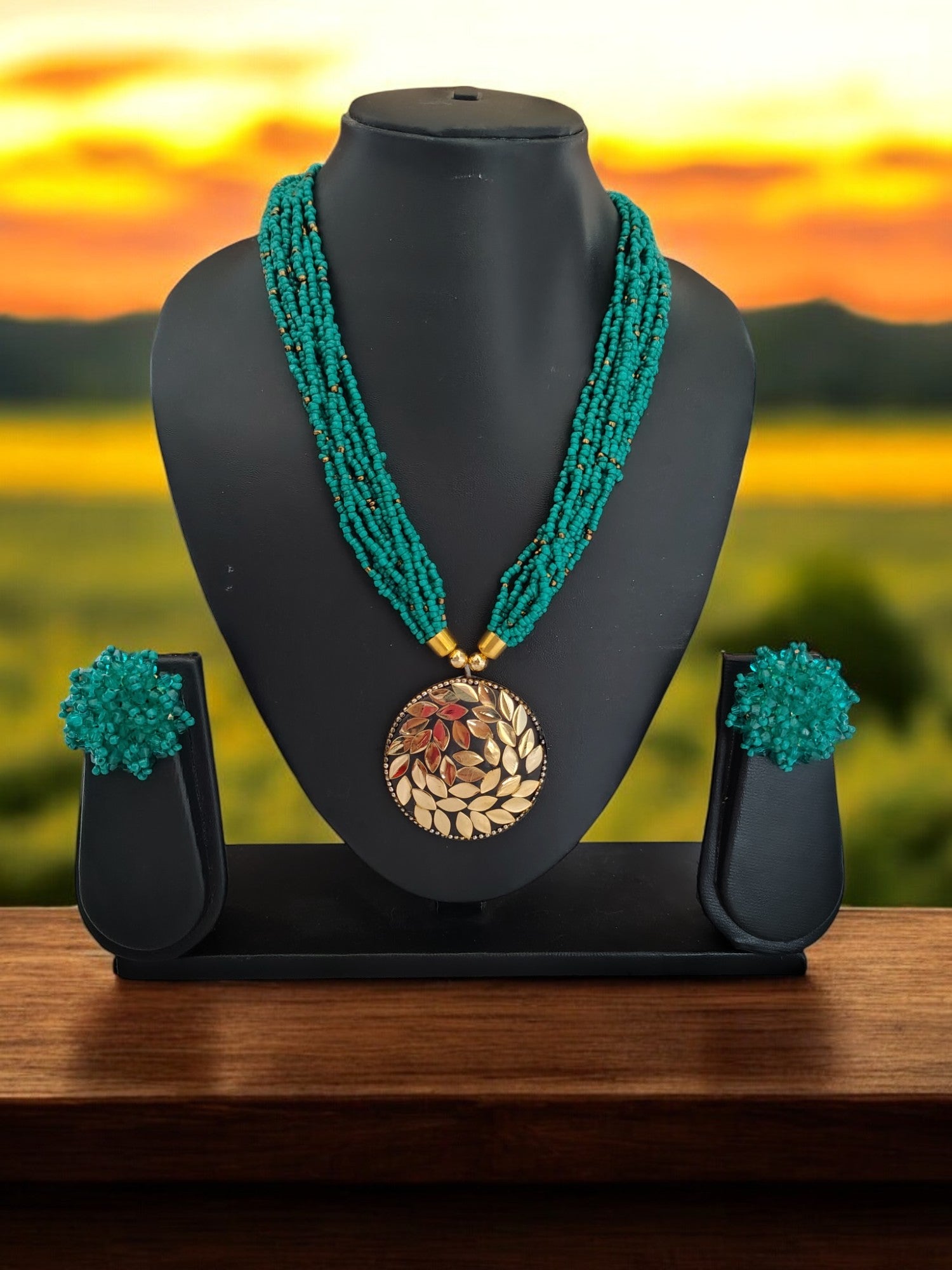 Handmade Multilayered Pendant Beaded Necklace Set With Matching Earrings - 12 Colours Available