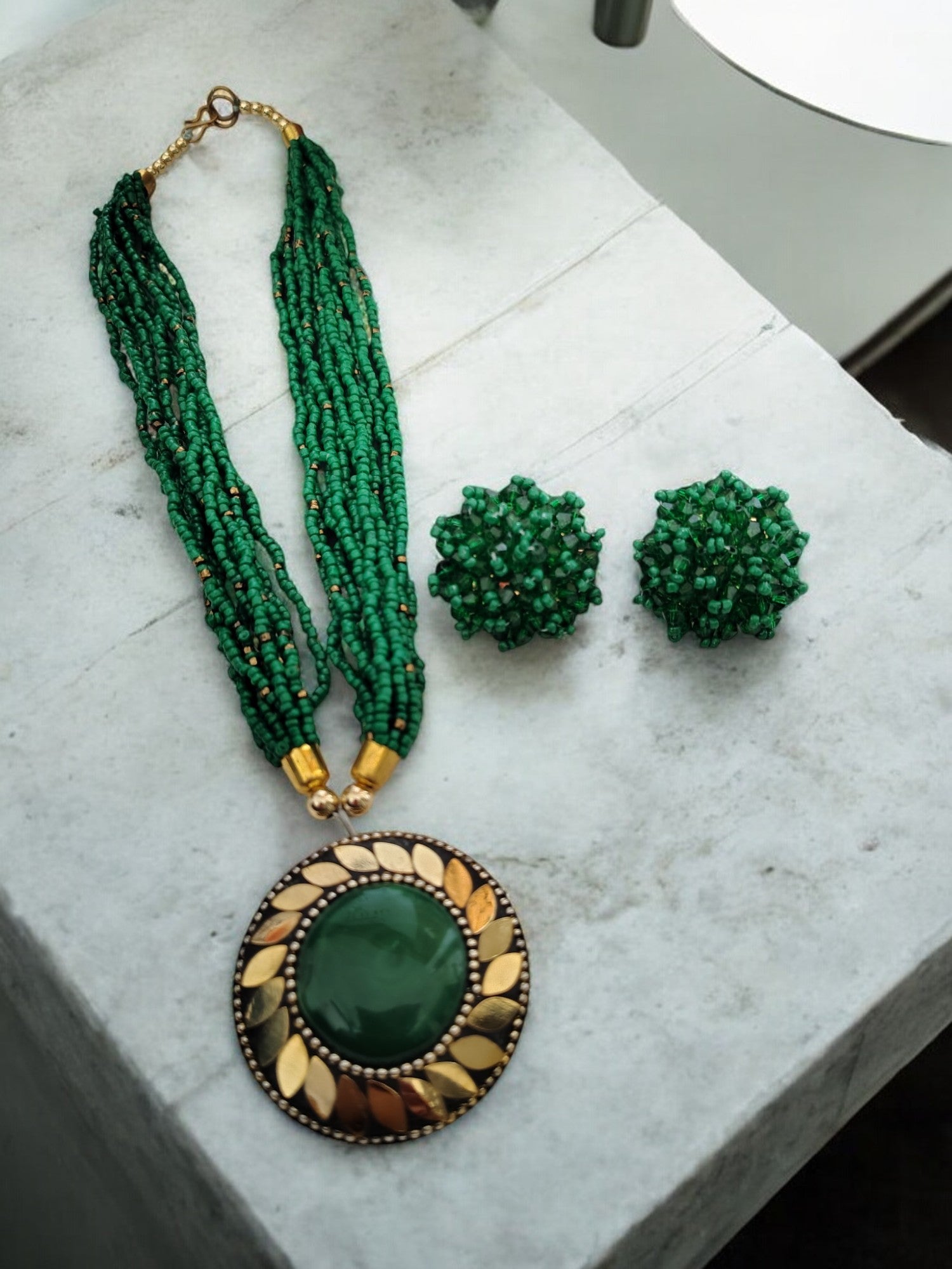 Handmade Multilayered Pendant Beaded Necklace Set With Matching Earrings - 12 Colours Available