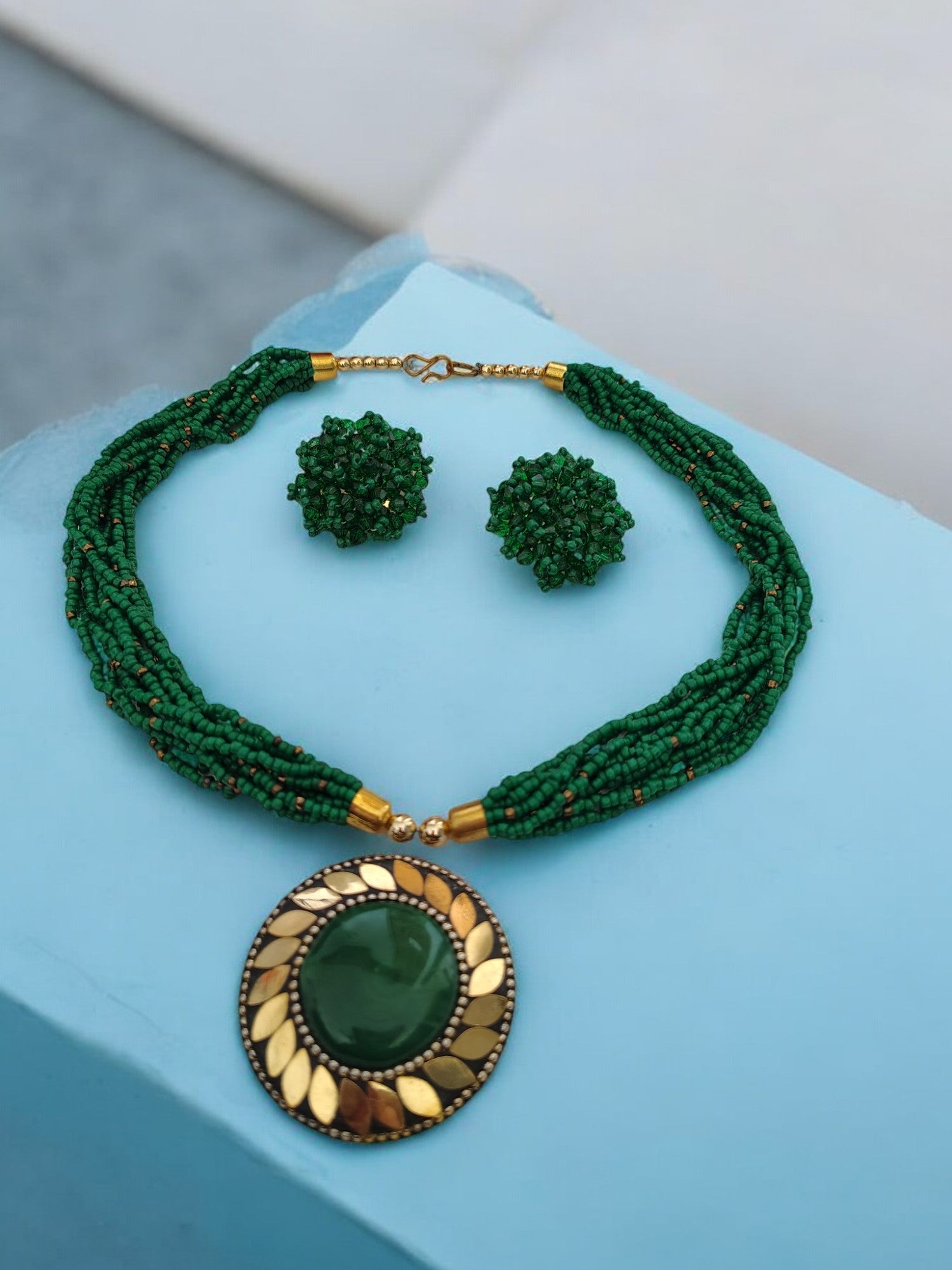 Handmade Multilayered Pendant Beaded Necklace Set With Matching Earrings - 12 Colours Available
