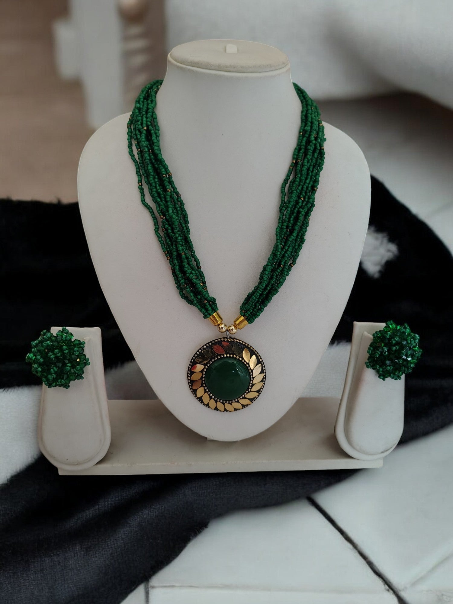 Handmade Multilayered Pendant Beaded Necklace Set With Matching Earrings - 12 Colours Available