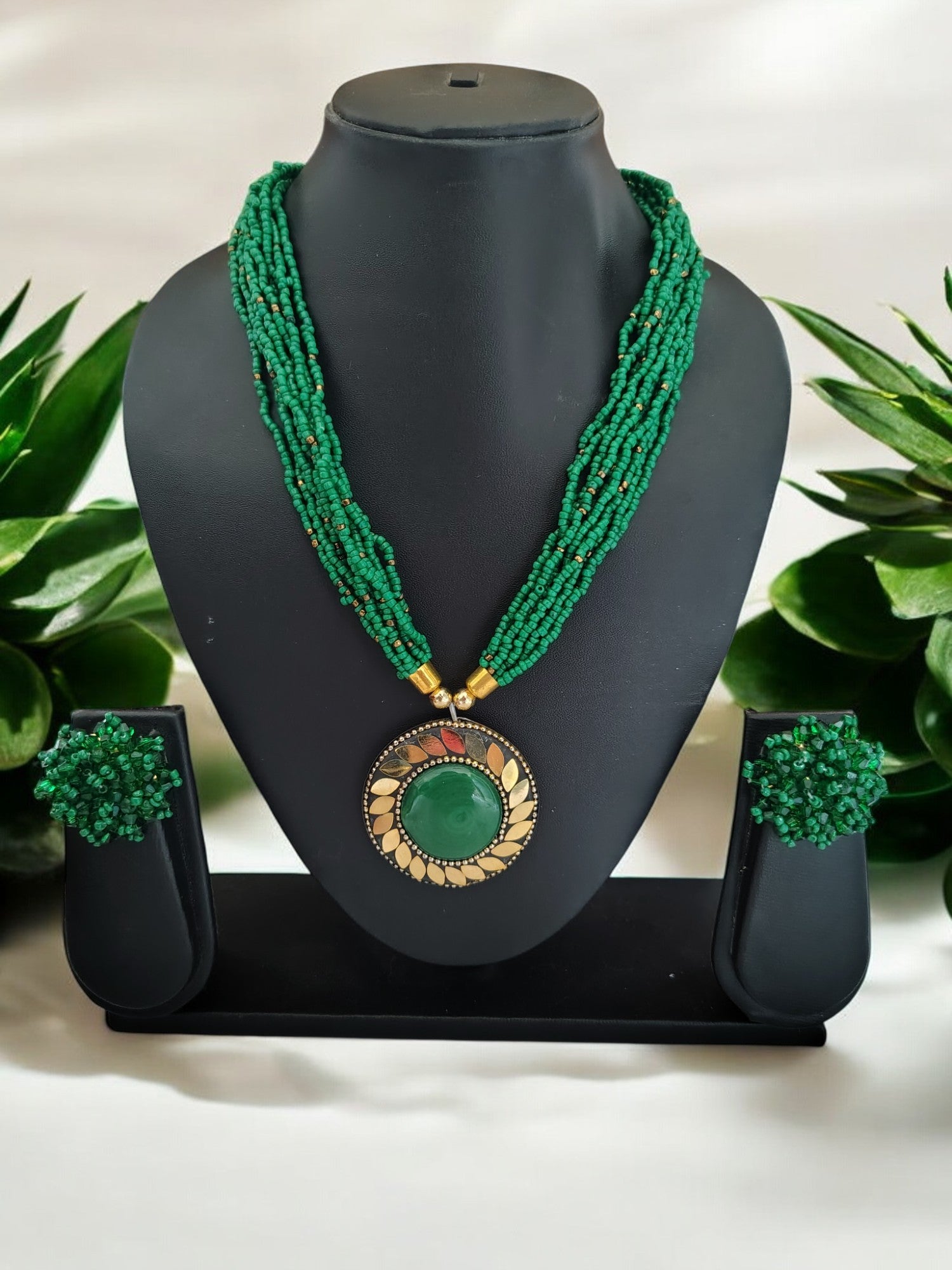 Handmade Multilayered Pendant Beaded Necklace Set With Matching Earrings - 12 Colours Available