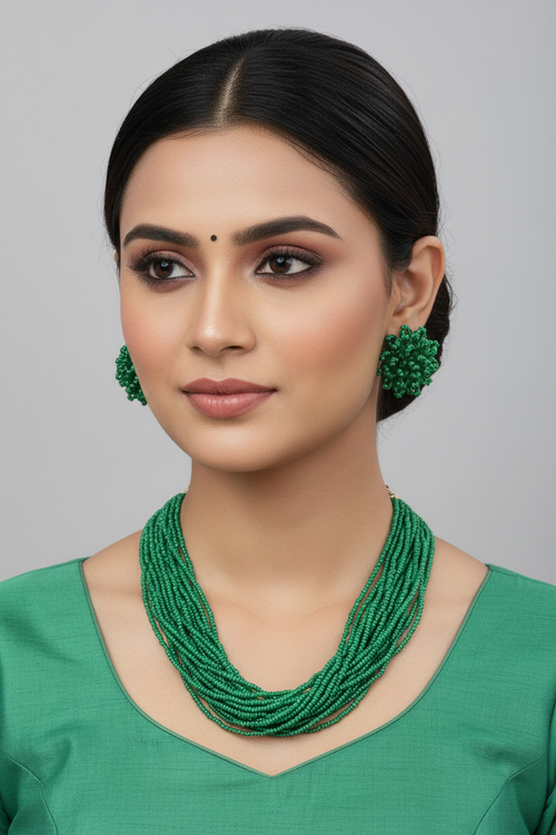 Emerald Cascade Multi-Layered Handmade Necklace With Matching Earrings-20 Layers
