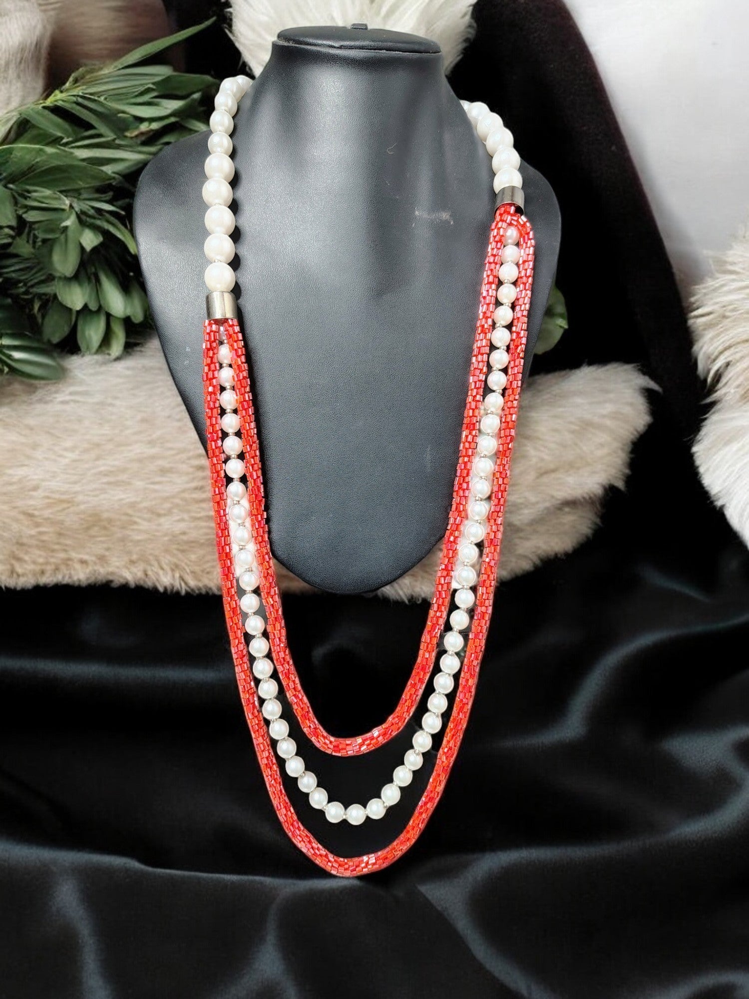 Scarlet Glow Pearl & Beaded Necklace Set
