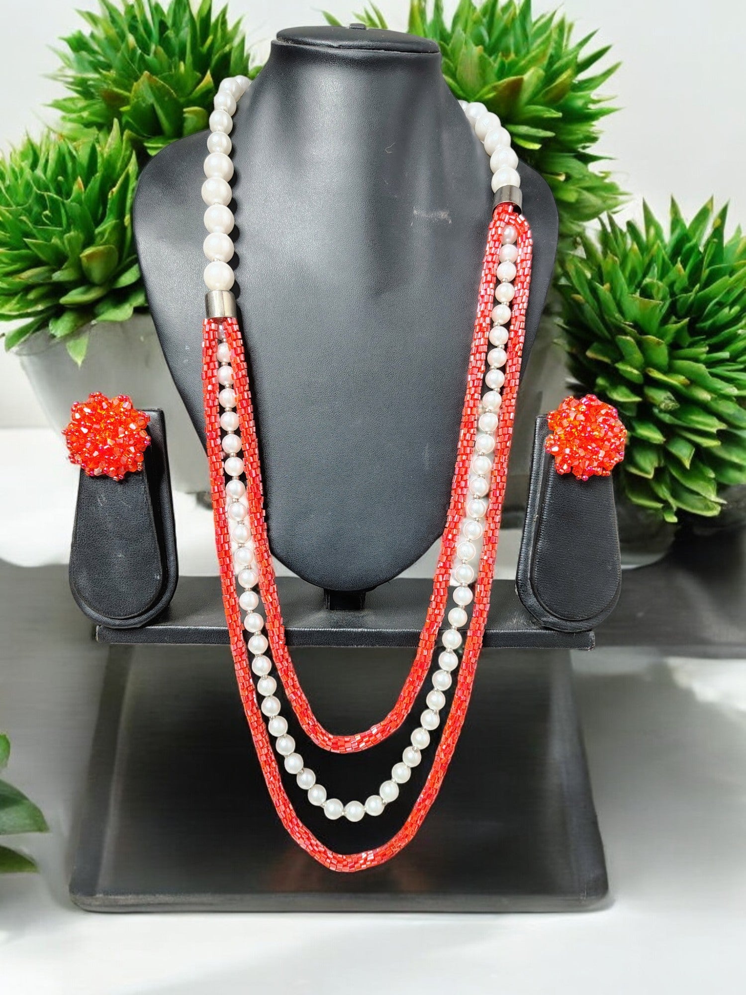 Scarlet Glow Pearl & Beaded Necklace Set