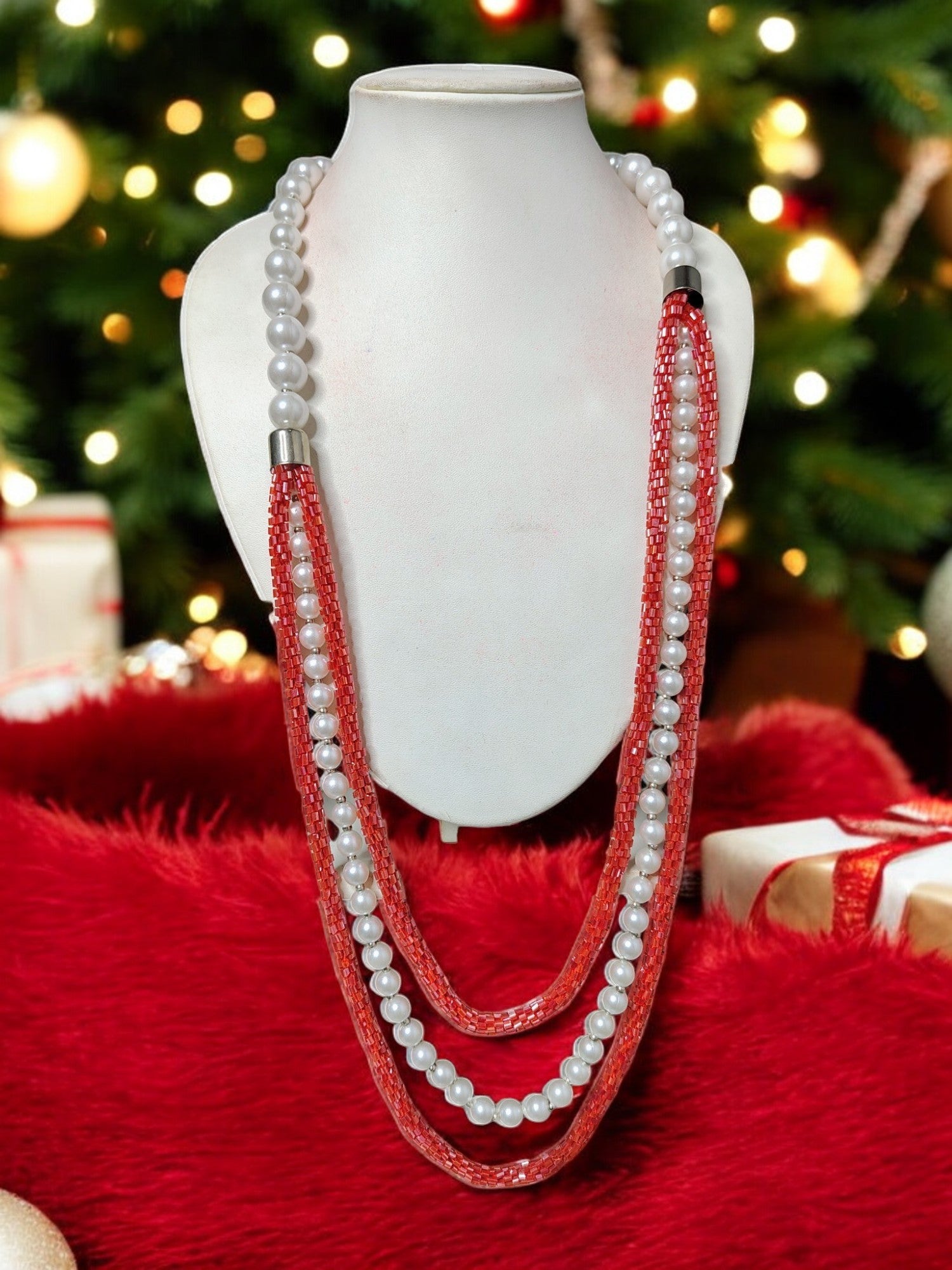 Scarlet Glow Pearl & Beaded Necklace Set