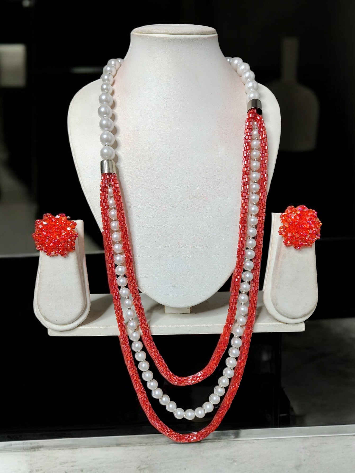 Scarlet Glow Pearl & Beaded Necklace Set