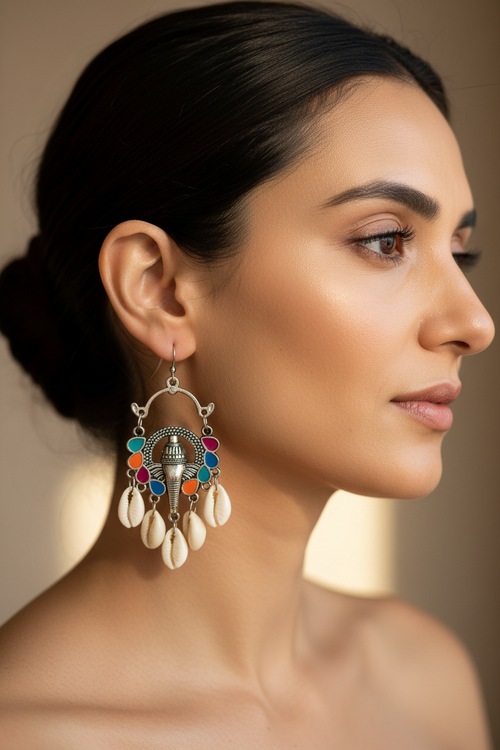 Mystical Shell Chandelier Ganesha Earrings
