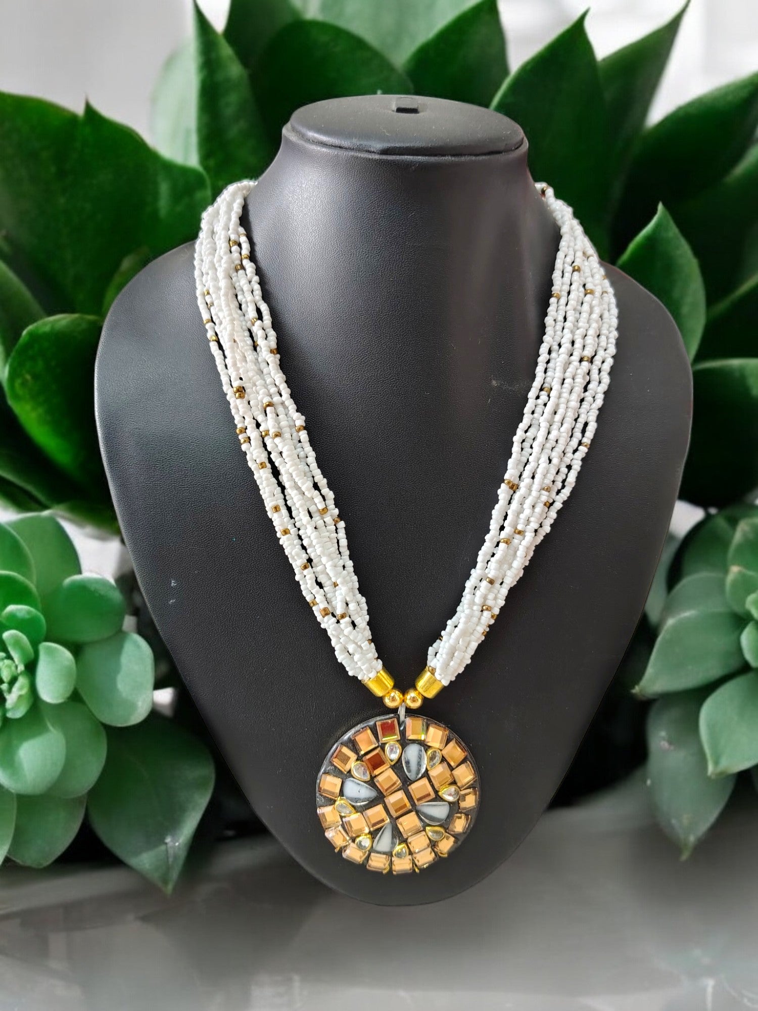 White Mosaic Radiance Necklace - Handmade