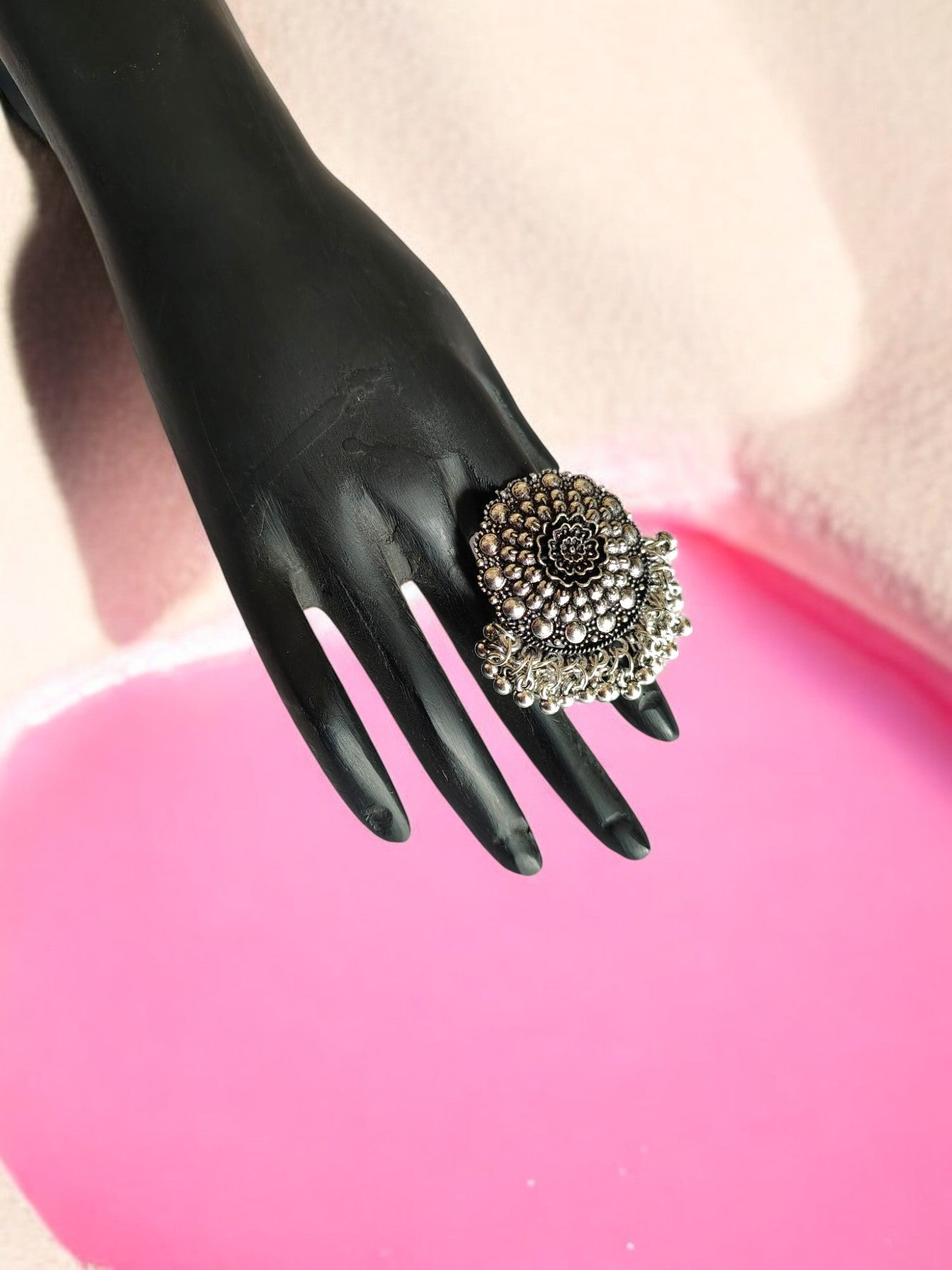 Regal Bloom Statement Oxidized Ring - Adjustable