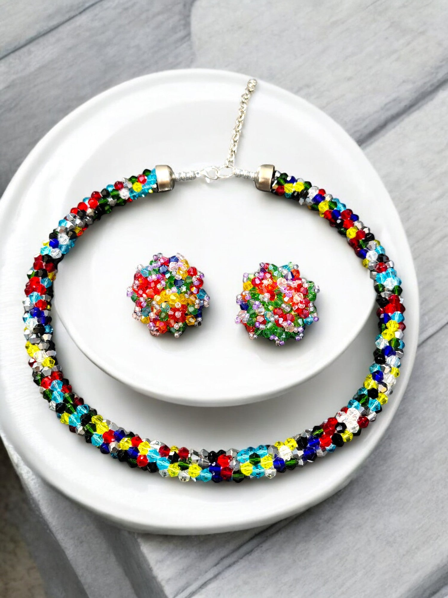 Noor-e-Jalwa – Handmade Crystal Bead Necklace / Necklace with Earrings -Adjustable -(Available in 11 Stunning Colors)