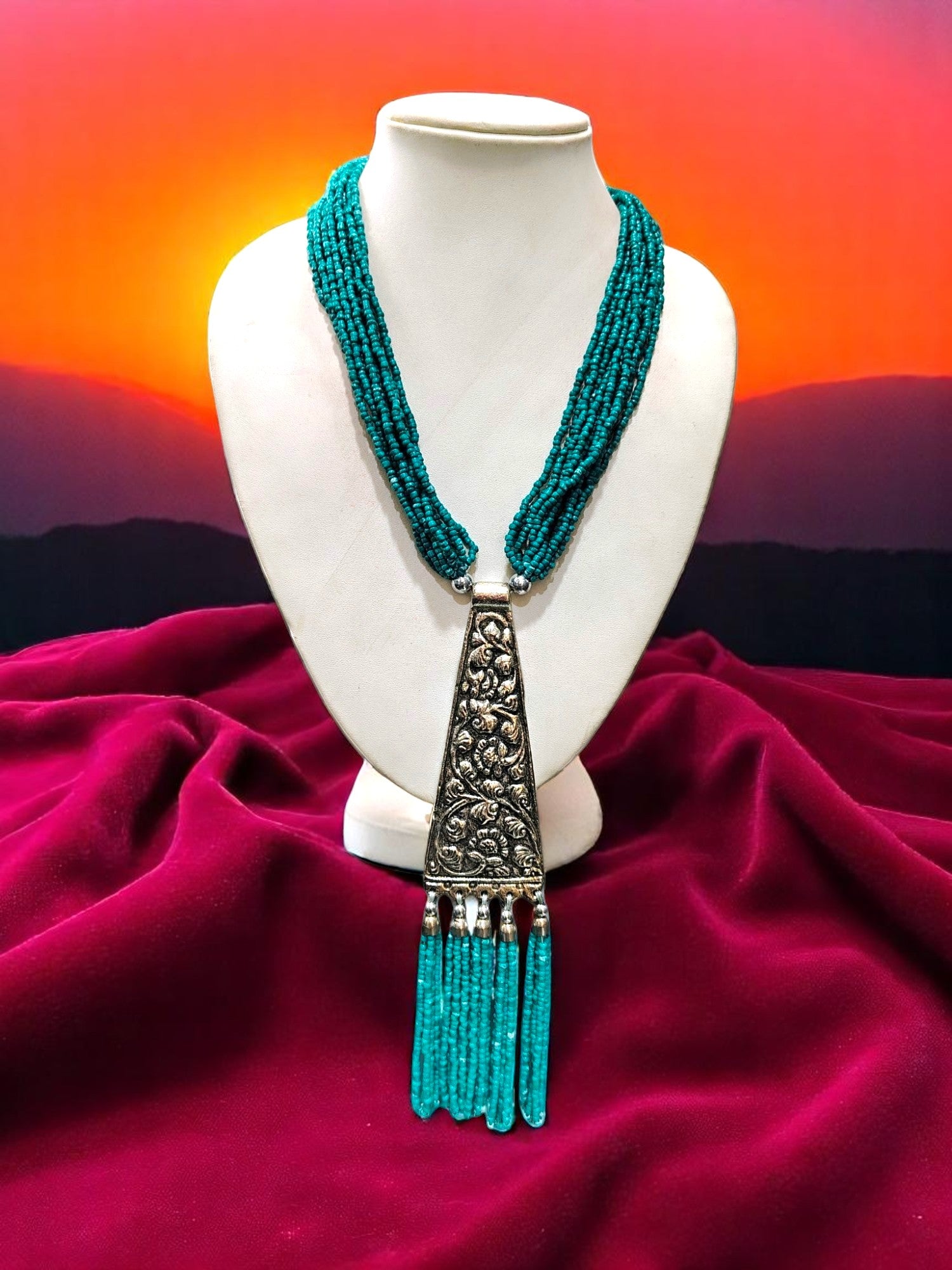 Handmade Tie Shaped Oxidized Black Metal Multi-Layered Long Necklace Set - 8 Colours Available