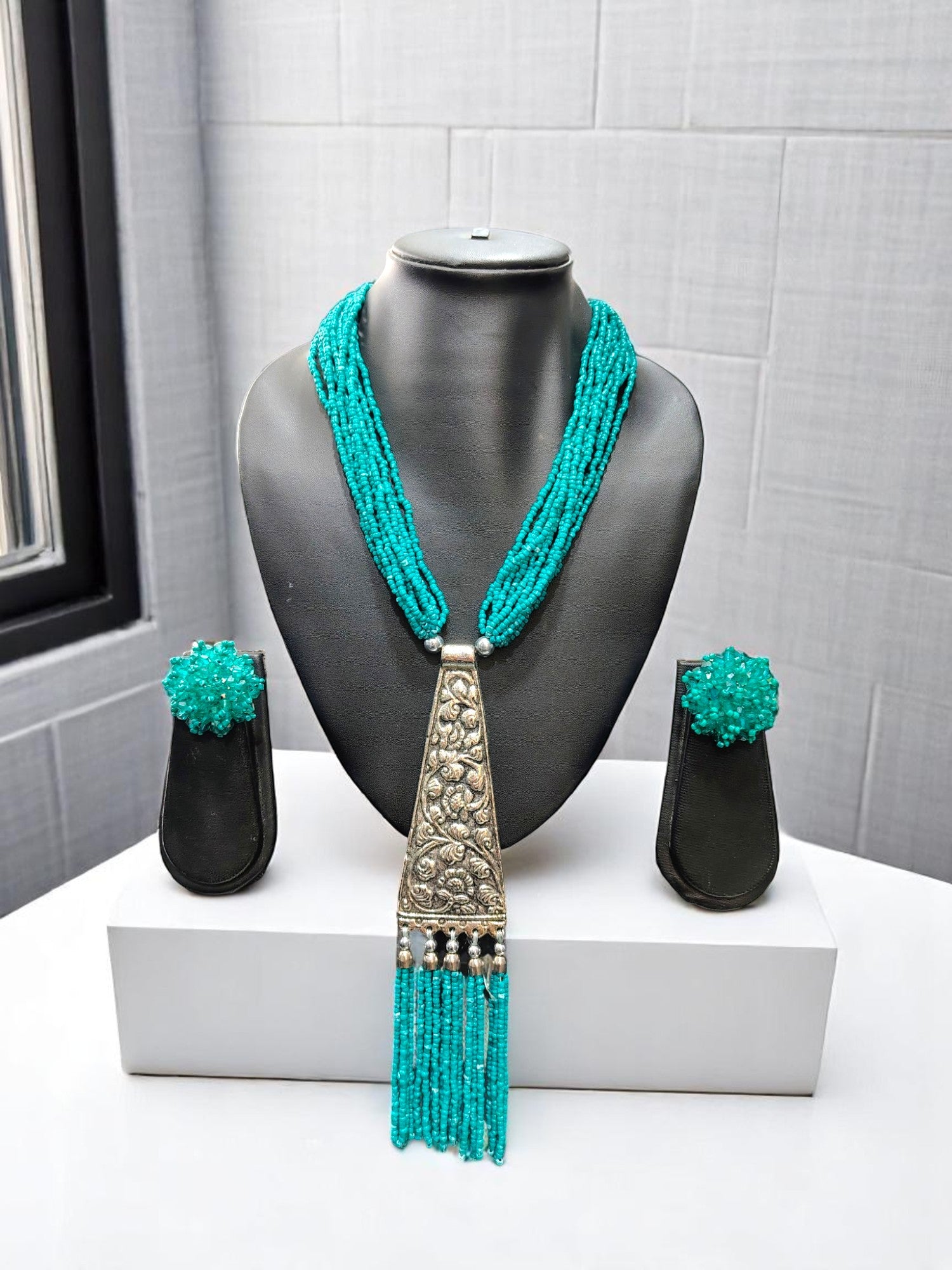Handmade Tie Shaped Oxidized Black Metal Multi-Layered Long Necklace Set - 8 Colours Available
