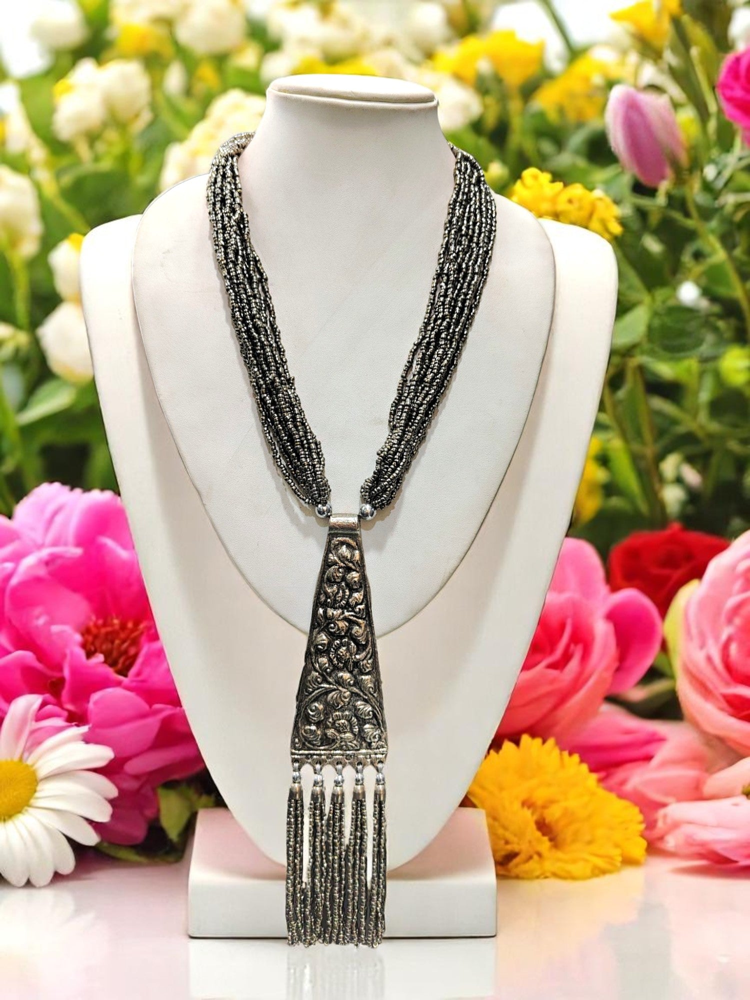 Handmade Tie Shaped Oxidized Black Metal Multi-Layered Long Necklace Set - 8 Colours Available