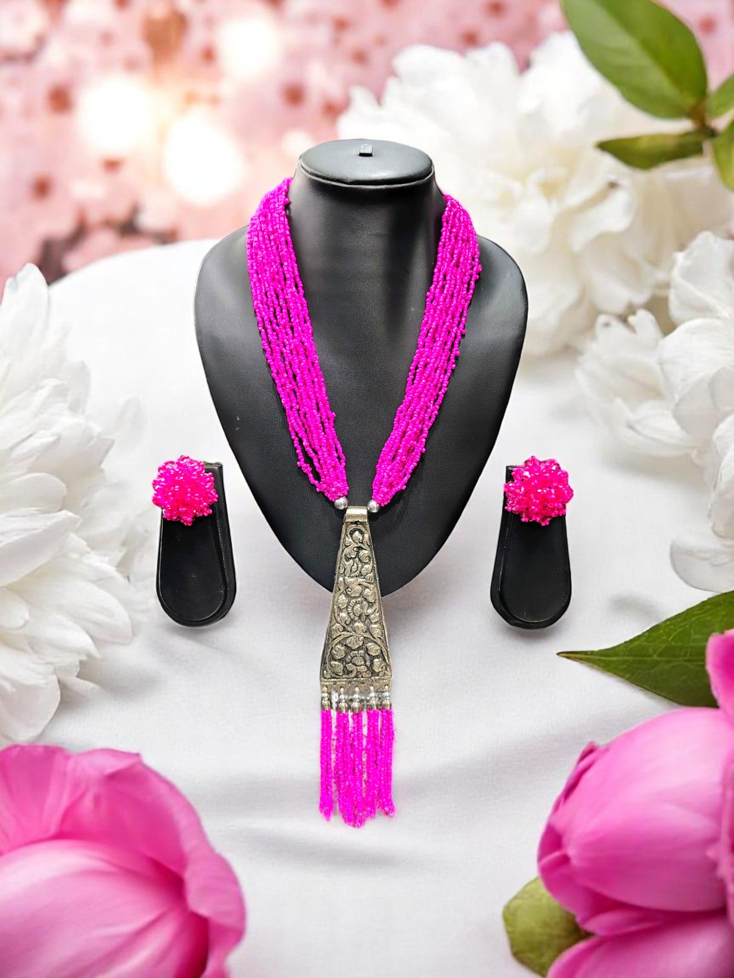 Handmade Tie Shaped Oxidized Black Metal Multi-Layered Long Necklace Set - 8 Colours Available