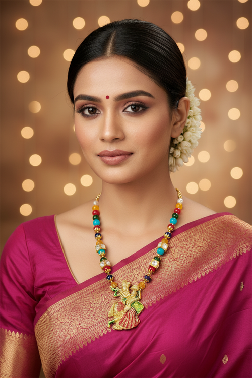 Dancing Radha Krishna Crystal Multicolor Necklace Set | Adjustable | Statement Divine Jewellery