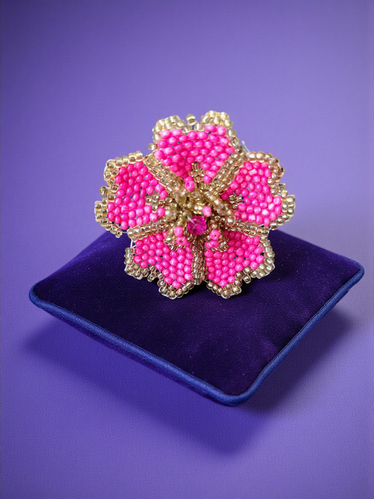 Gulaabi Gul Adjustable Flower Ring – Handmade Beaded Statement - Hot Pink