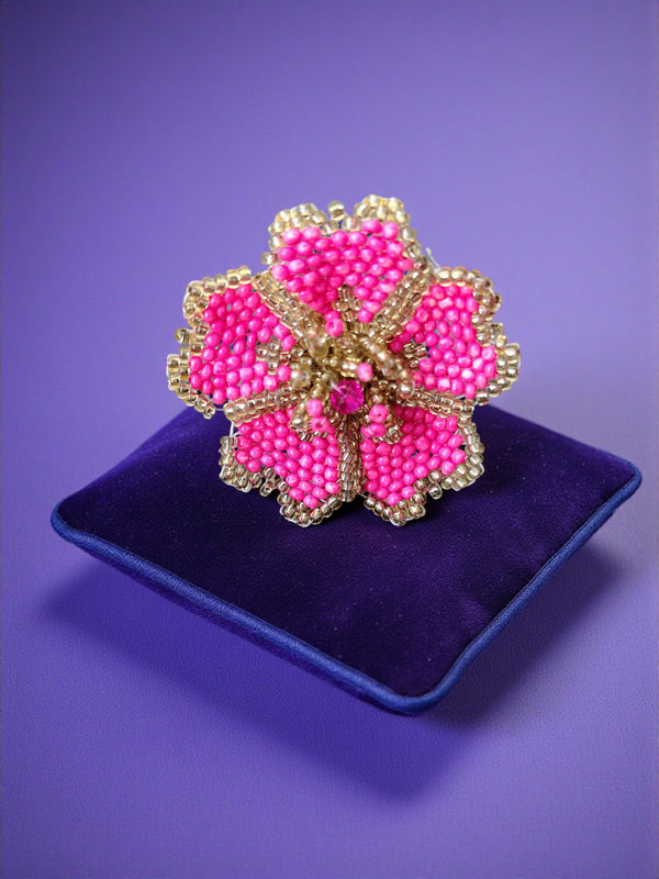 Gulaabi Gul Adjustable Flower Ring – Handmade Beaded Statement - Hot Pink
